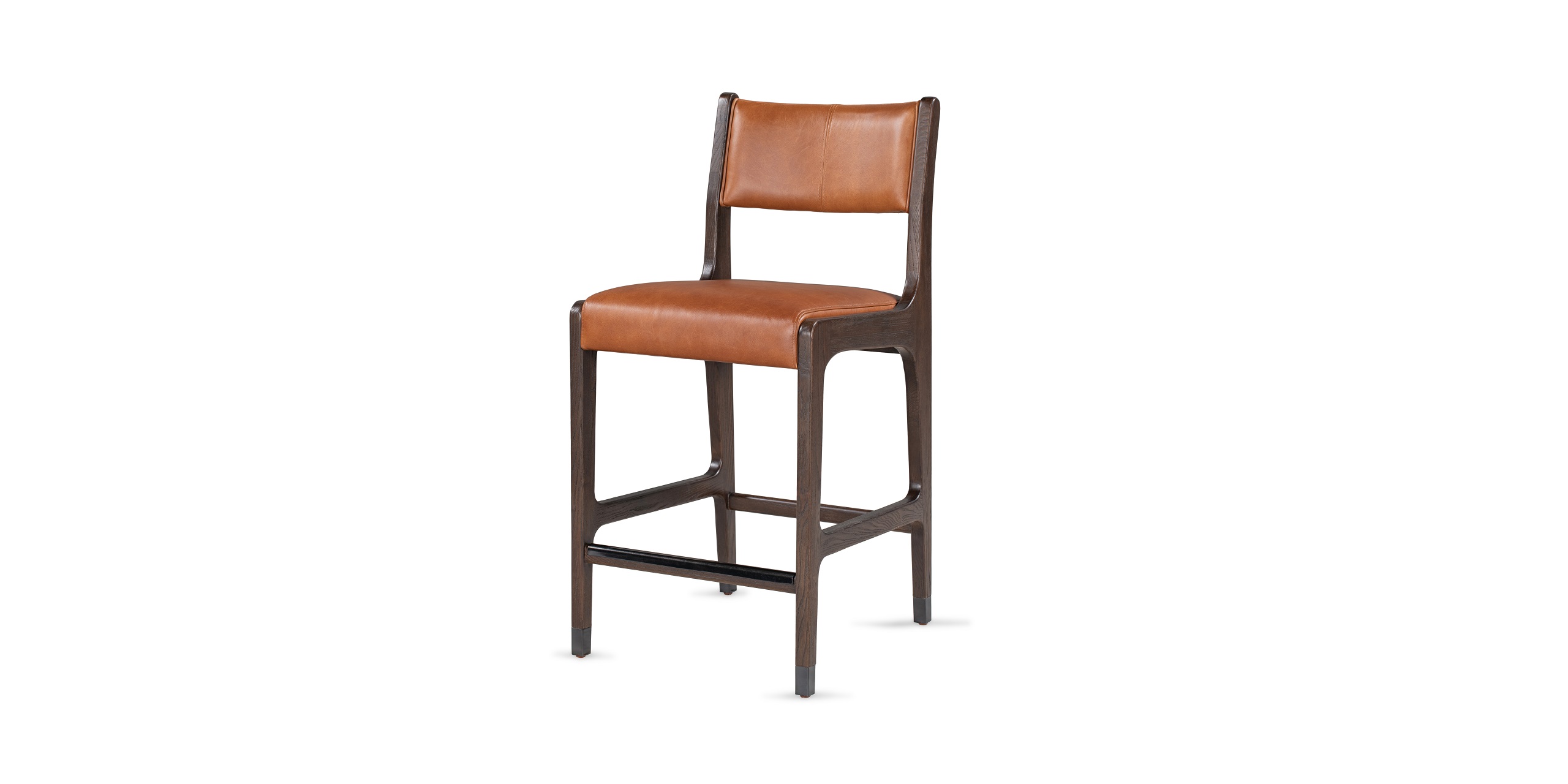 Sleek modern bar stool with brown leather seat, sturdy frame, and ergonomic footrest.