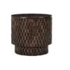 Elegant dark wood cylindrical accent table with woven texture and timeless craftsmanship.