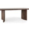 Stylish rectangular dining table in dark wood with unique tapered legs and rounded edges.