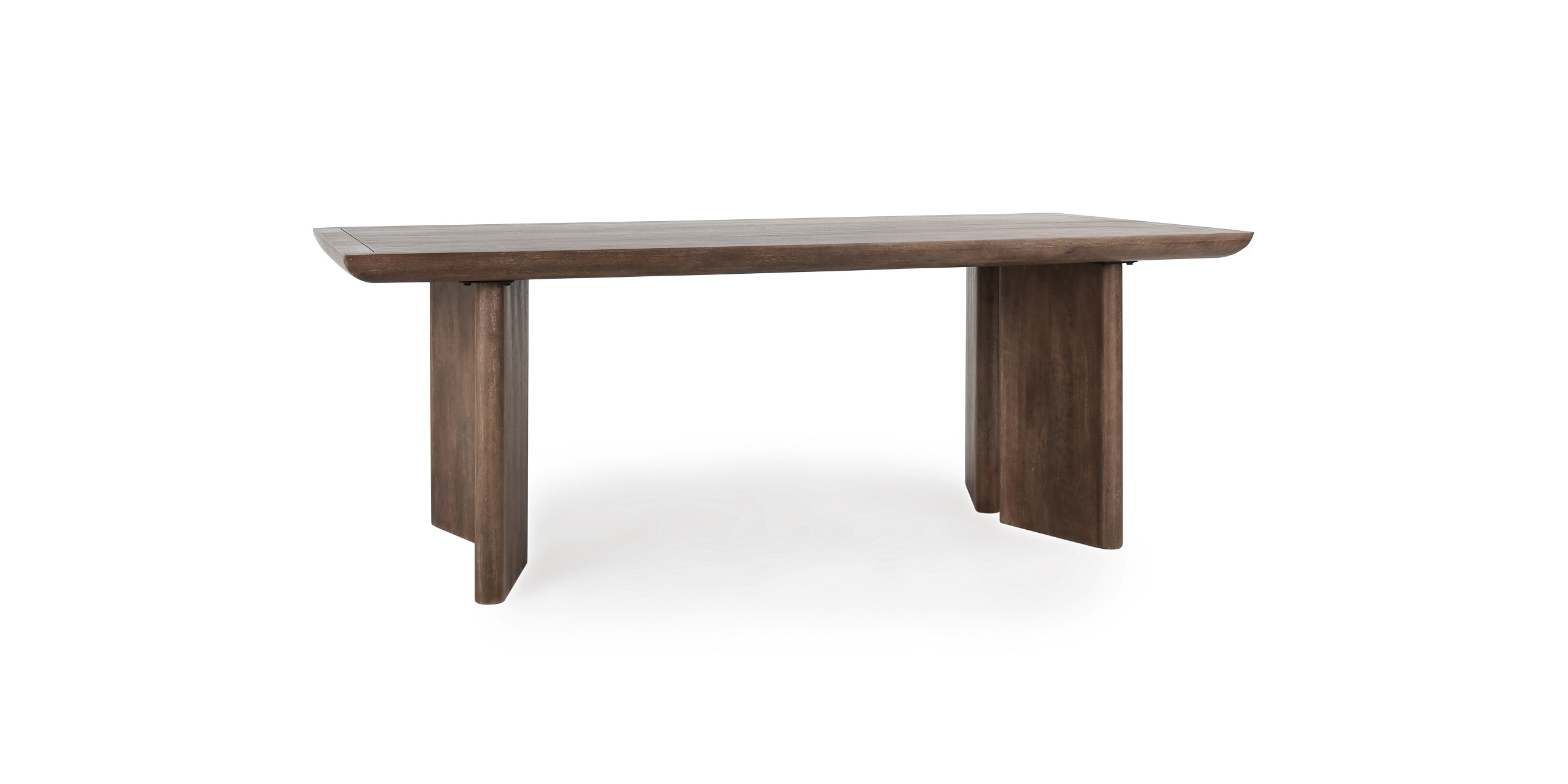 Stylish rectangular dining table in dark wood with unique tapered legs and rounded edges.
