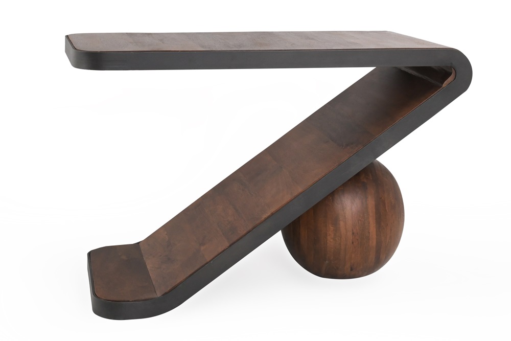 Elegant asymmetrical wood side table with sleek top and unique spherical base design.