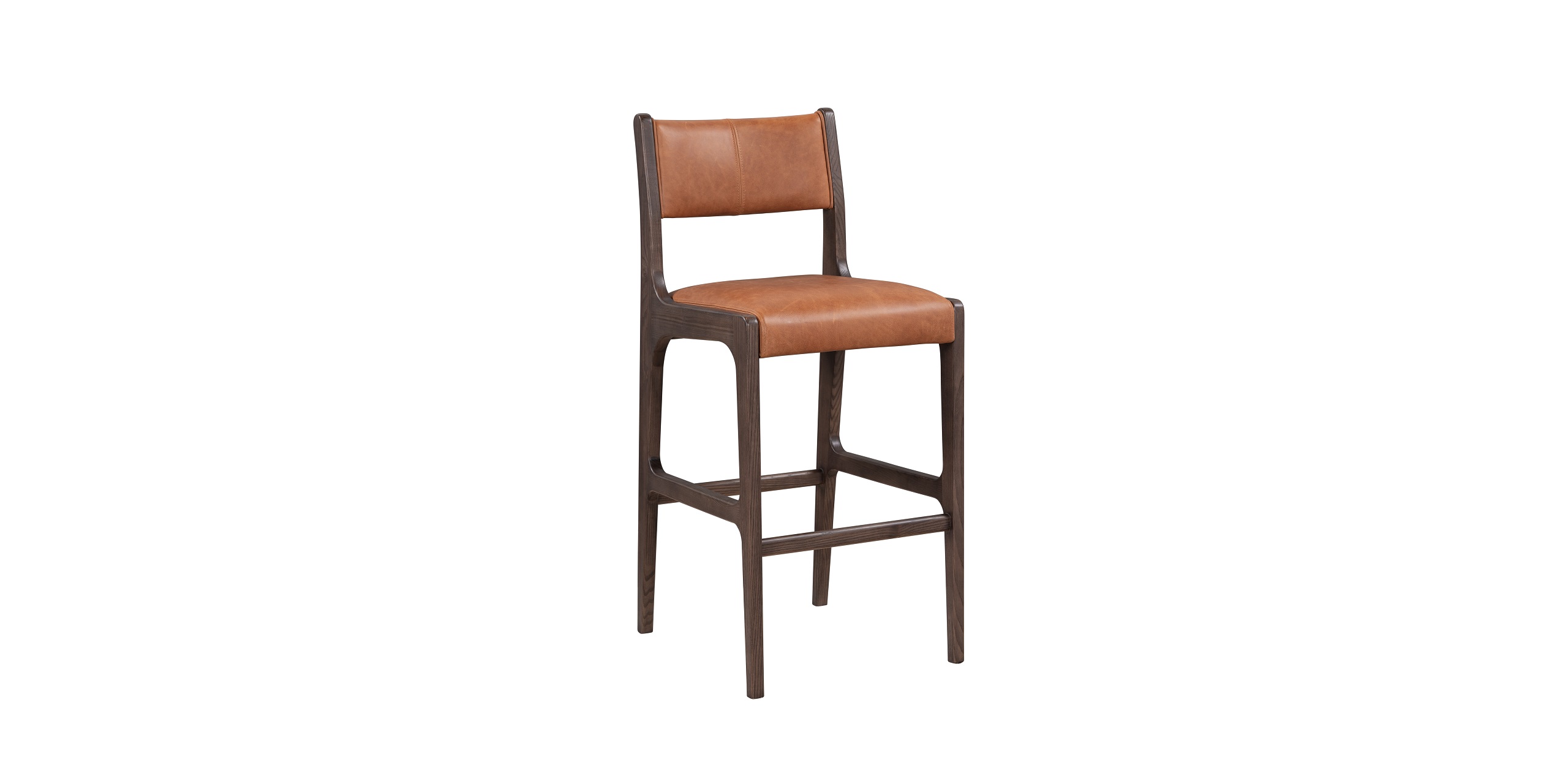 Minimalist dark wood barstool with tan leather seat, perfect for high counters and modern spaces.