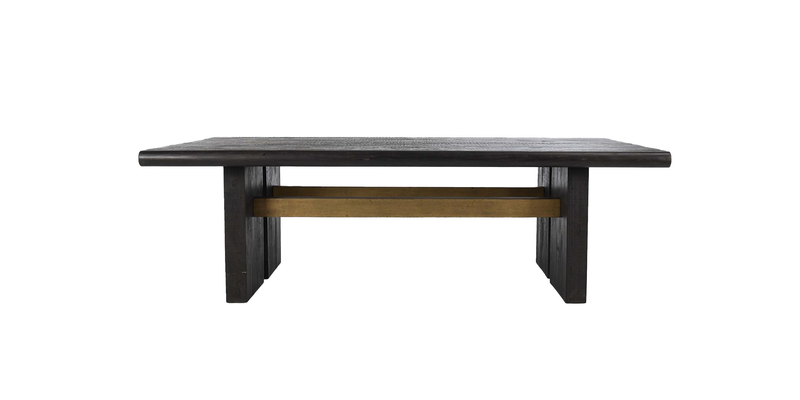 Sleek modern coffee table with dark wood top and stylish golden crossbar for stability.
