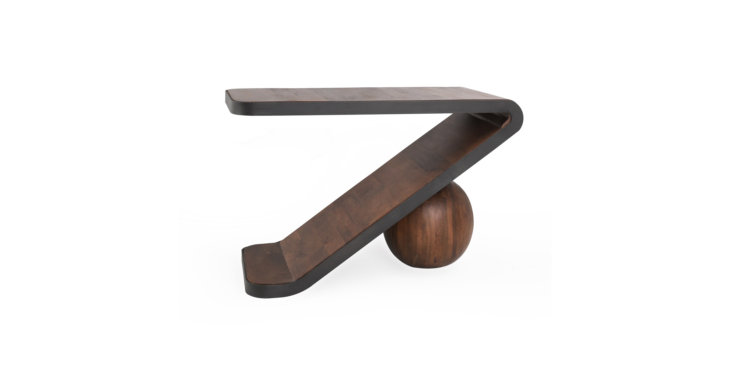 Stylish modern coffee table with L-shaped dark wood top and playful spherical base design.