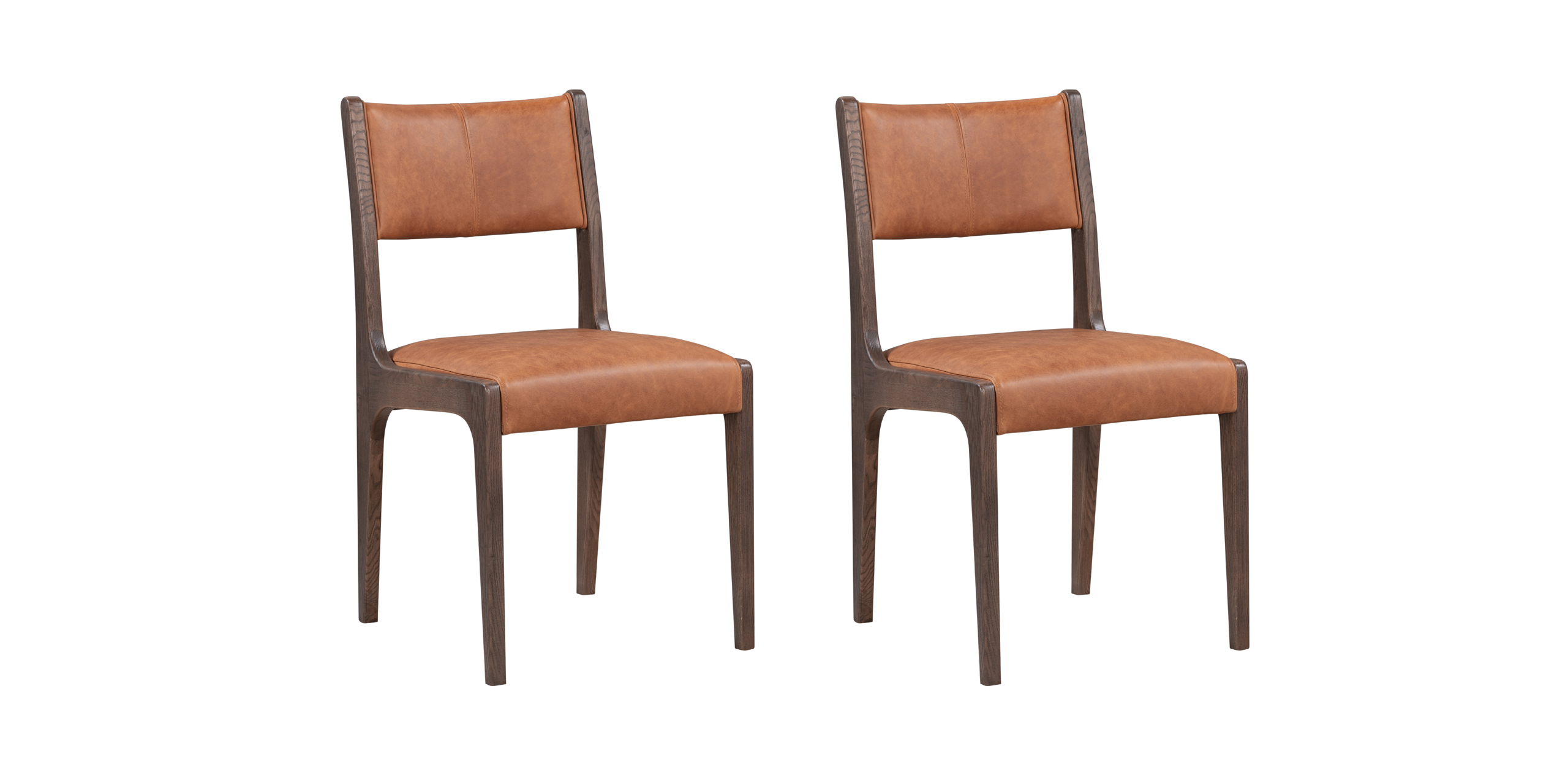 Contemporary dining chairs with dark wood frames and warm brown faux leather upholstery.