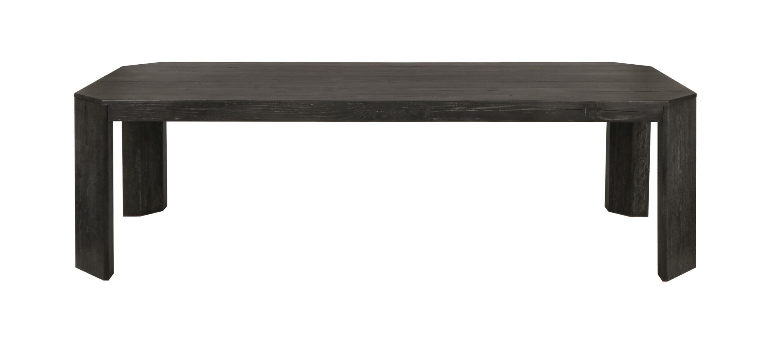 Modern rectangular table with sleek dark finish and unique corner legs for versatile settings.