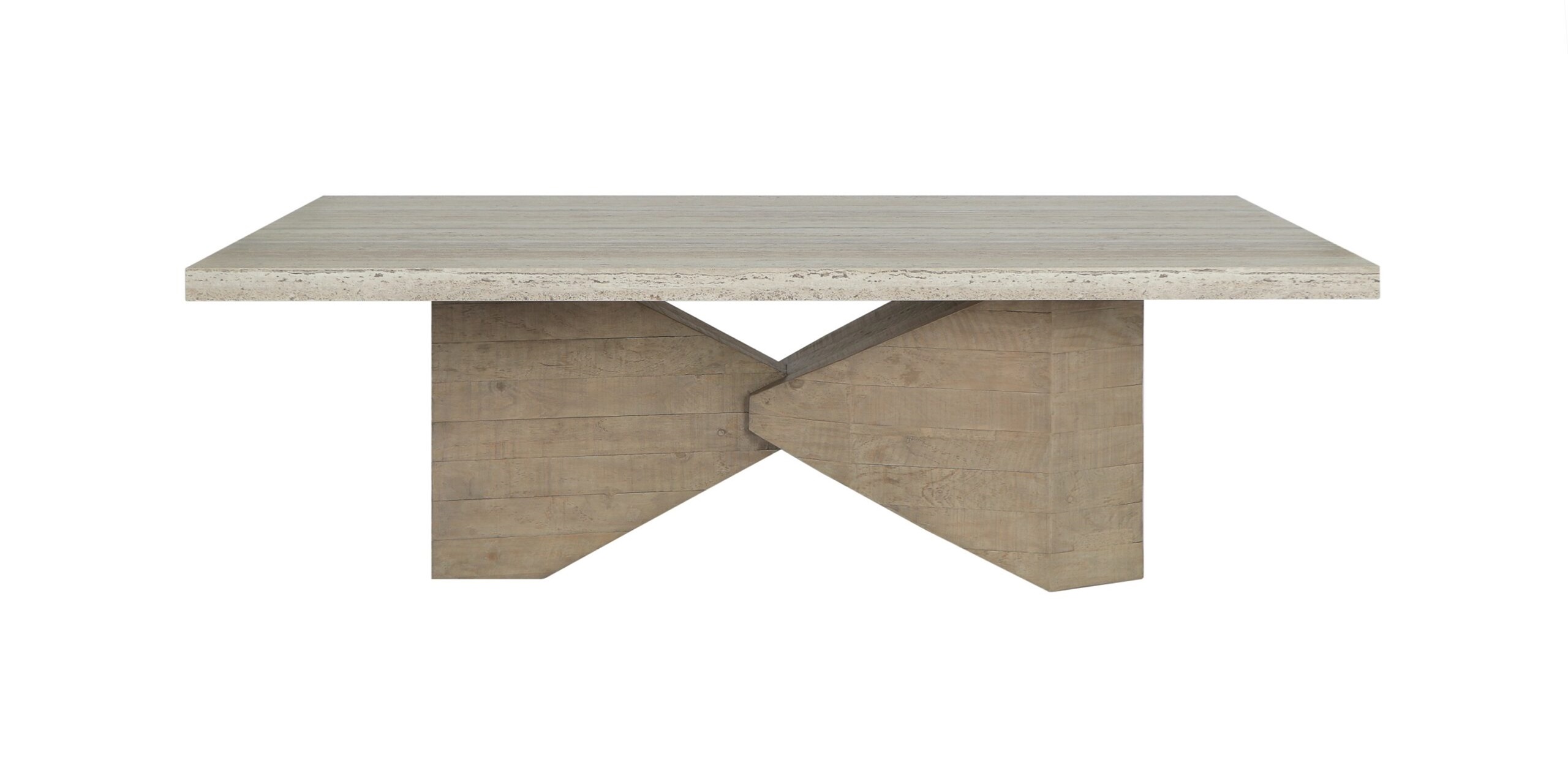 Sleek modern rectangular coffee table with textured stone top and geometric X-shaped base.