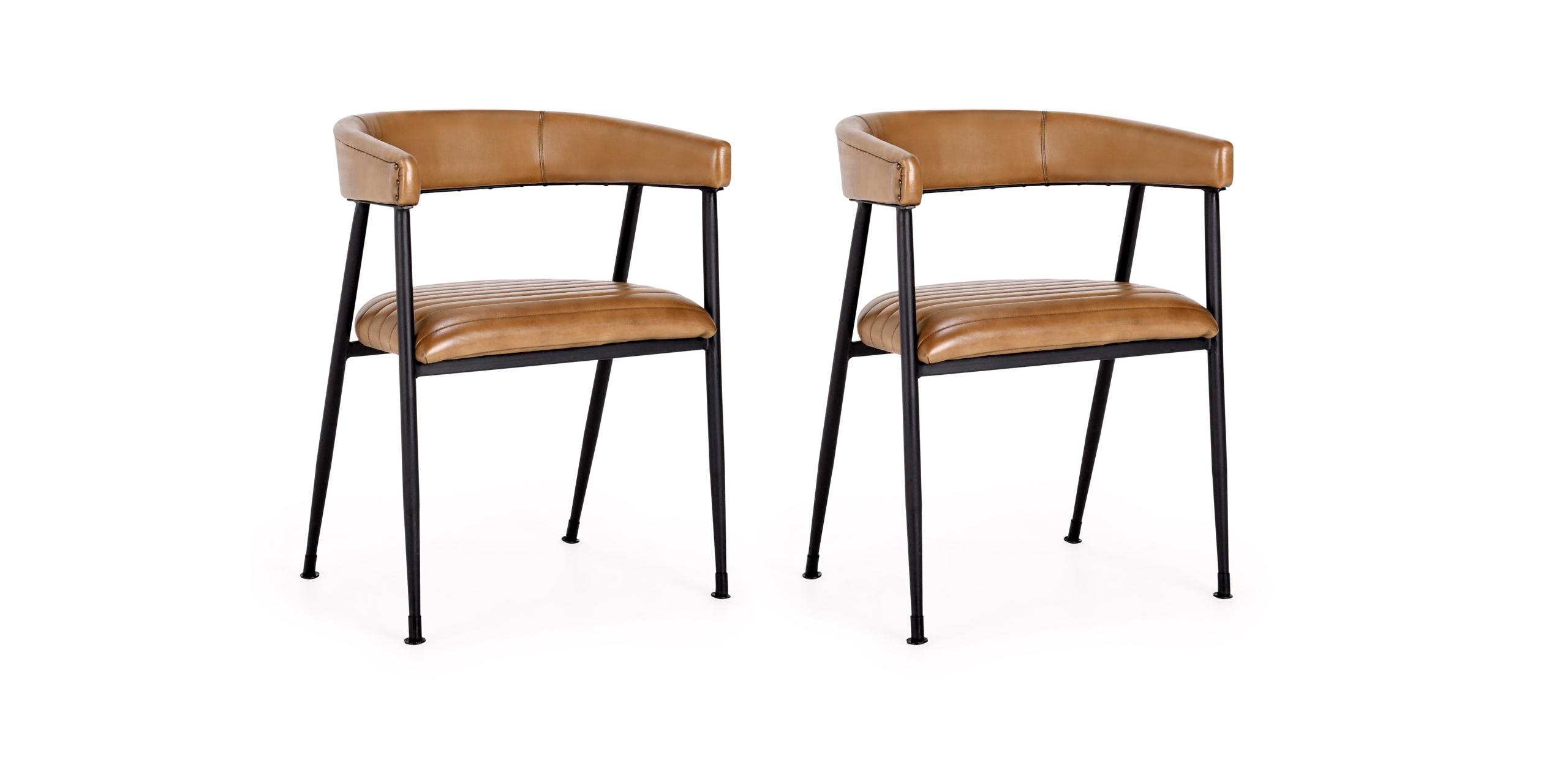 Elegant tan leather chairs with black metal frame, perfect for modern dining or stylish interiors.