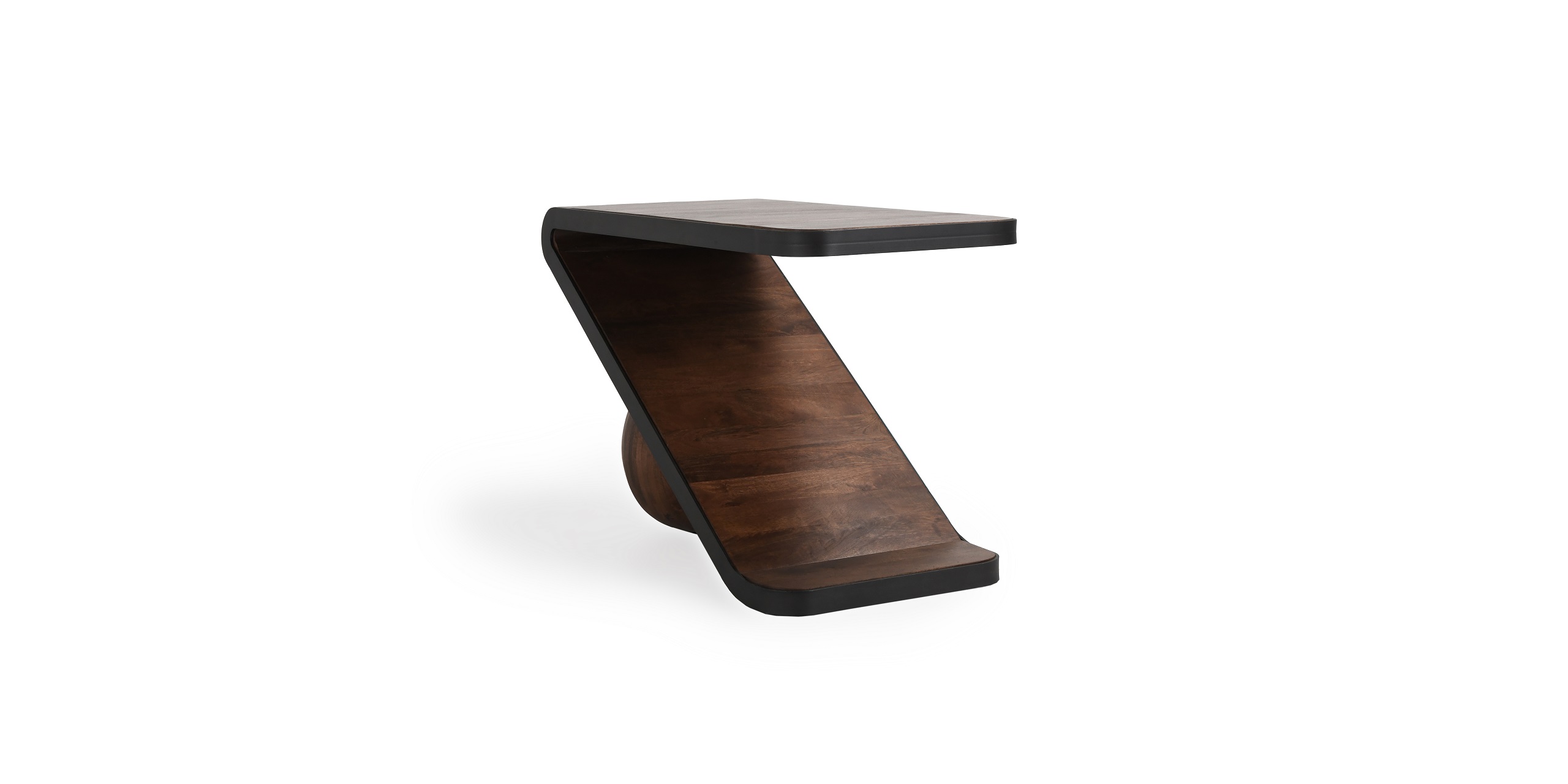 Stylish curved wood side table with Z-shaped support, perfect for modern and traditional decor.