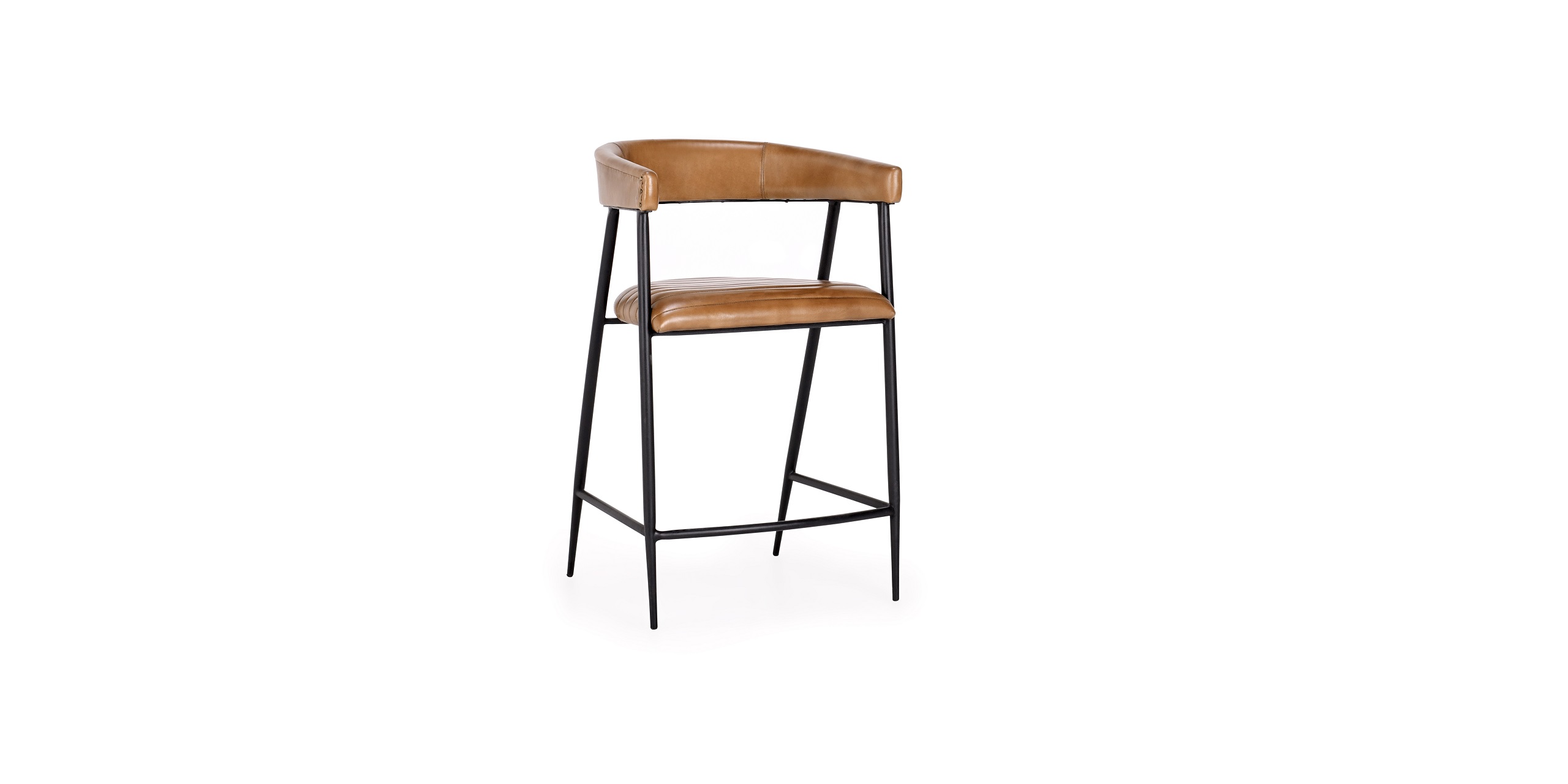 Stylish tan leather bar stool with a sturdy black metal frame and curved backrest.