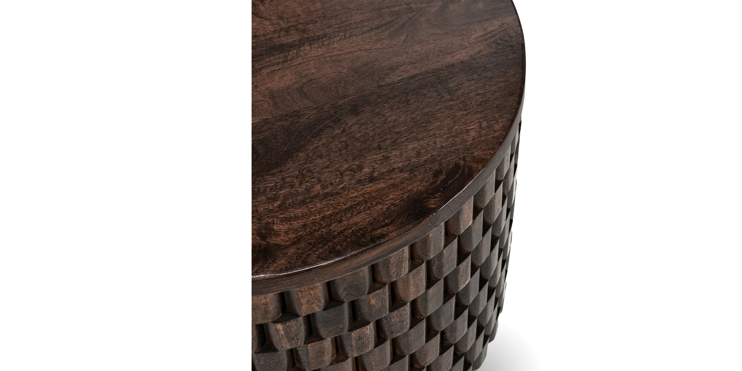 Elegant round wooden table with a polished finish and intricate woven design.