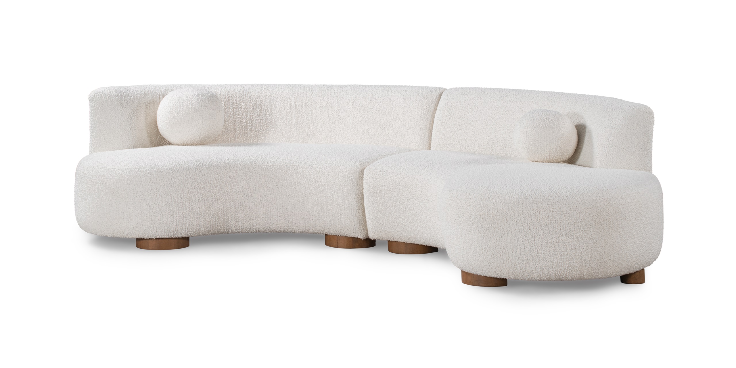 Contemporary curved sectional sofa in off-white fabric, featuring playful design and cozy comfort.
