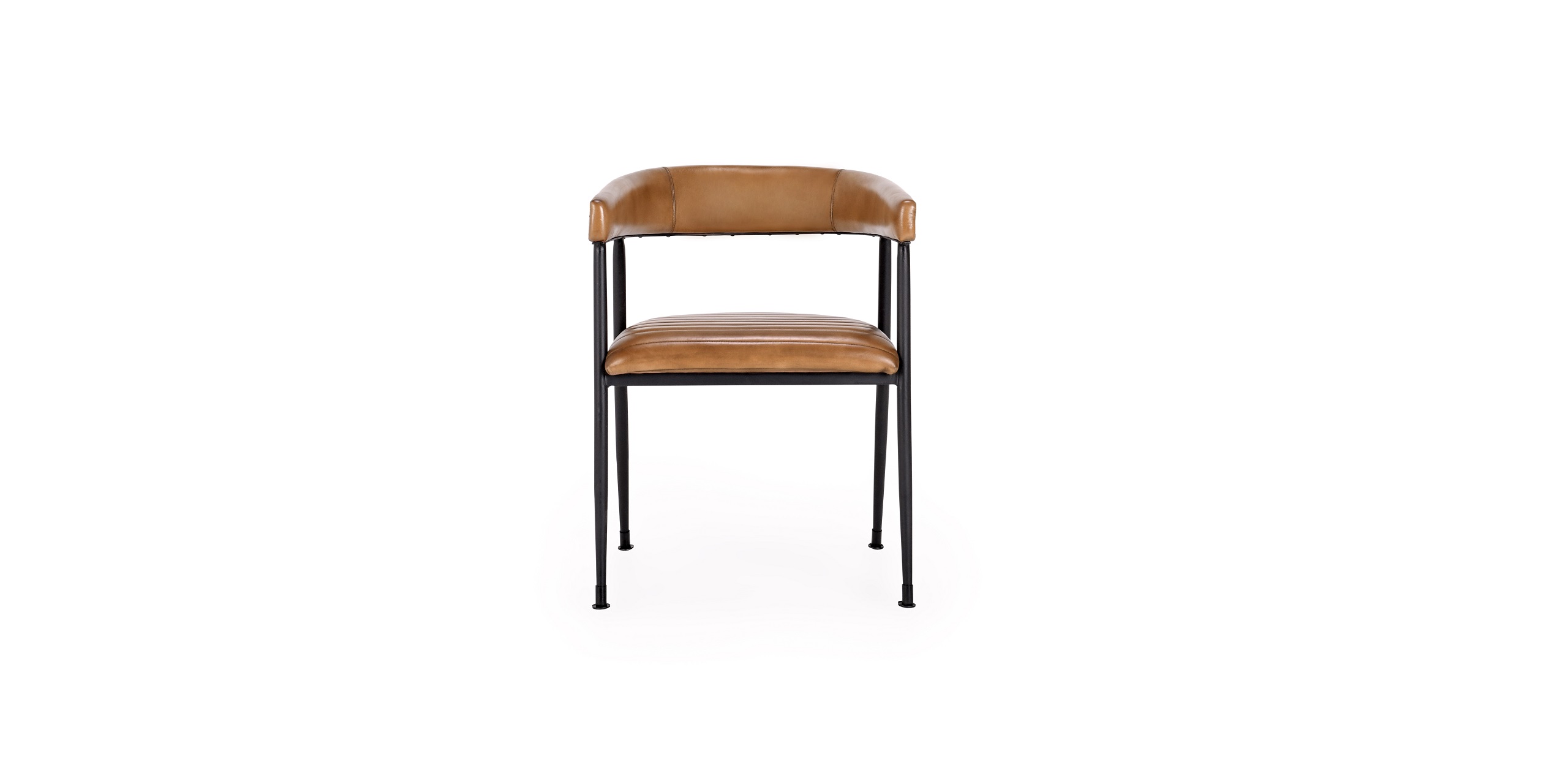 Elegant black metal chair with brown leather upholstery, perfect for modern interiors and comfort.