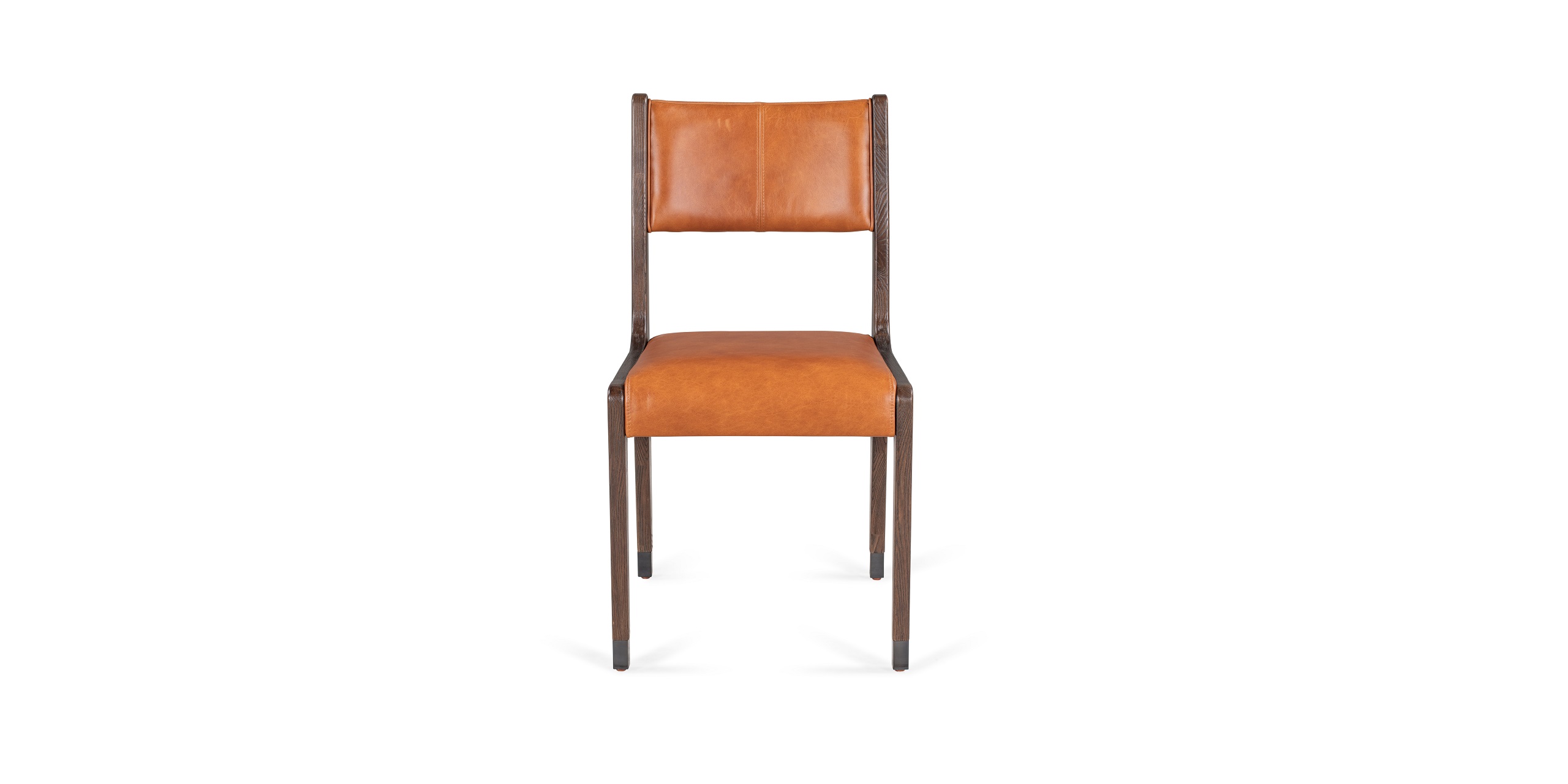 Stylish modern dining chair in dark wood with luxurious brown leather upholstery for any decor.