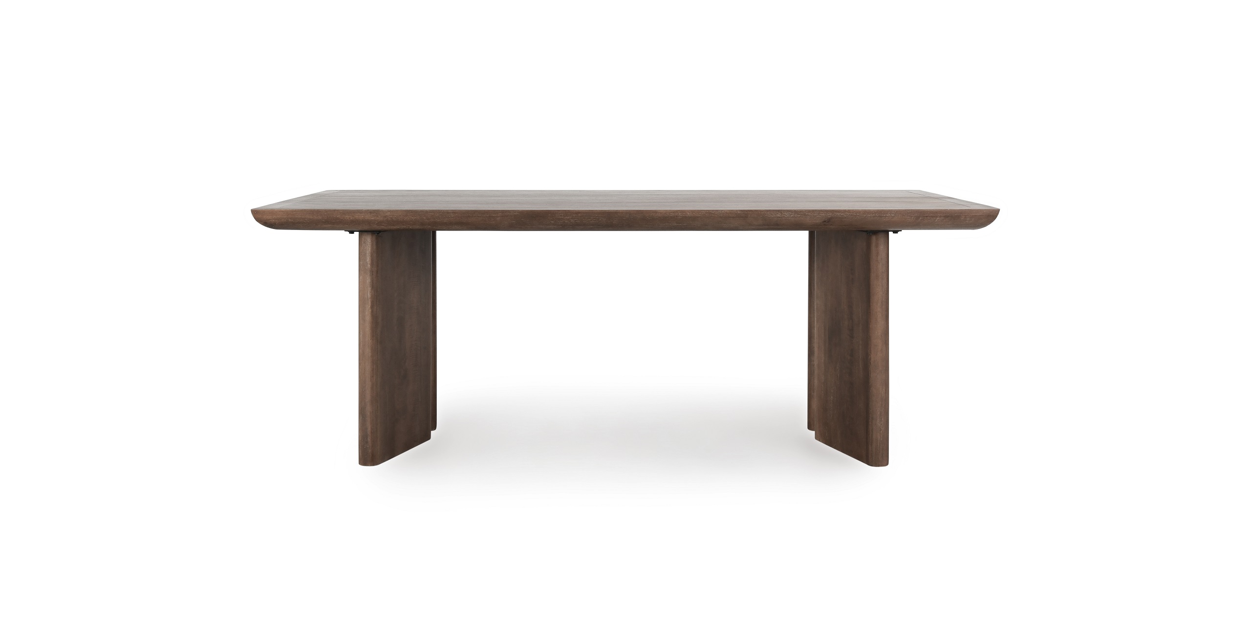 Elegant modern wooden dining table with rounded edges, block legs, and rich brown tones.