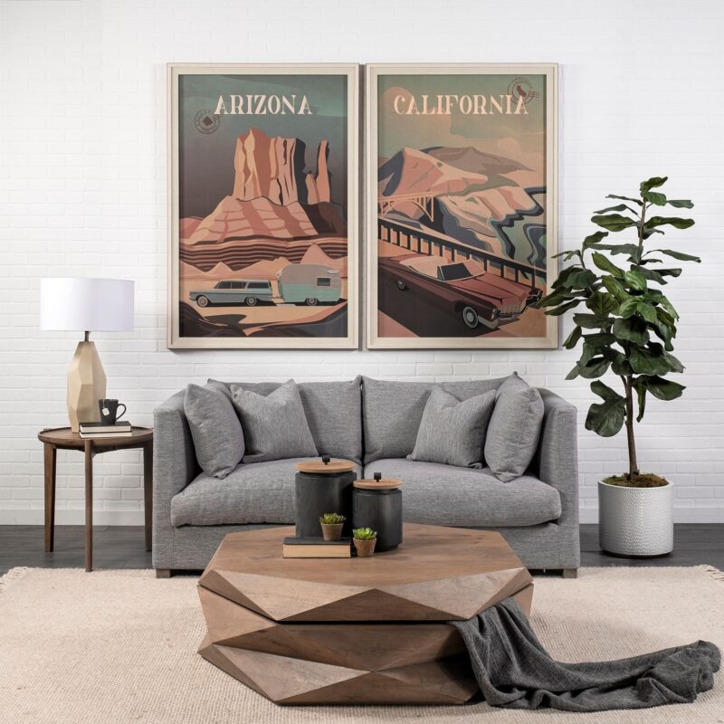 Chic living room featuring vintage Southwest artwork and modern decor for a cozy atmosphere.