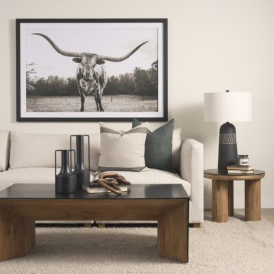 Stylish living room featuring longhorn steer artwork, cozy sofa, and modern decor elements.