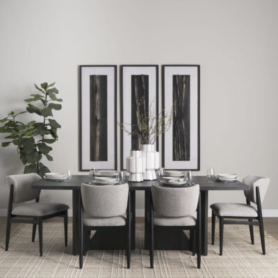 Chic modern dining room with dark wood table, gray chairs, and stylish art decor.