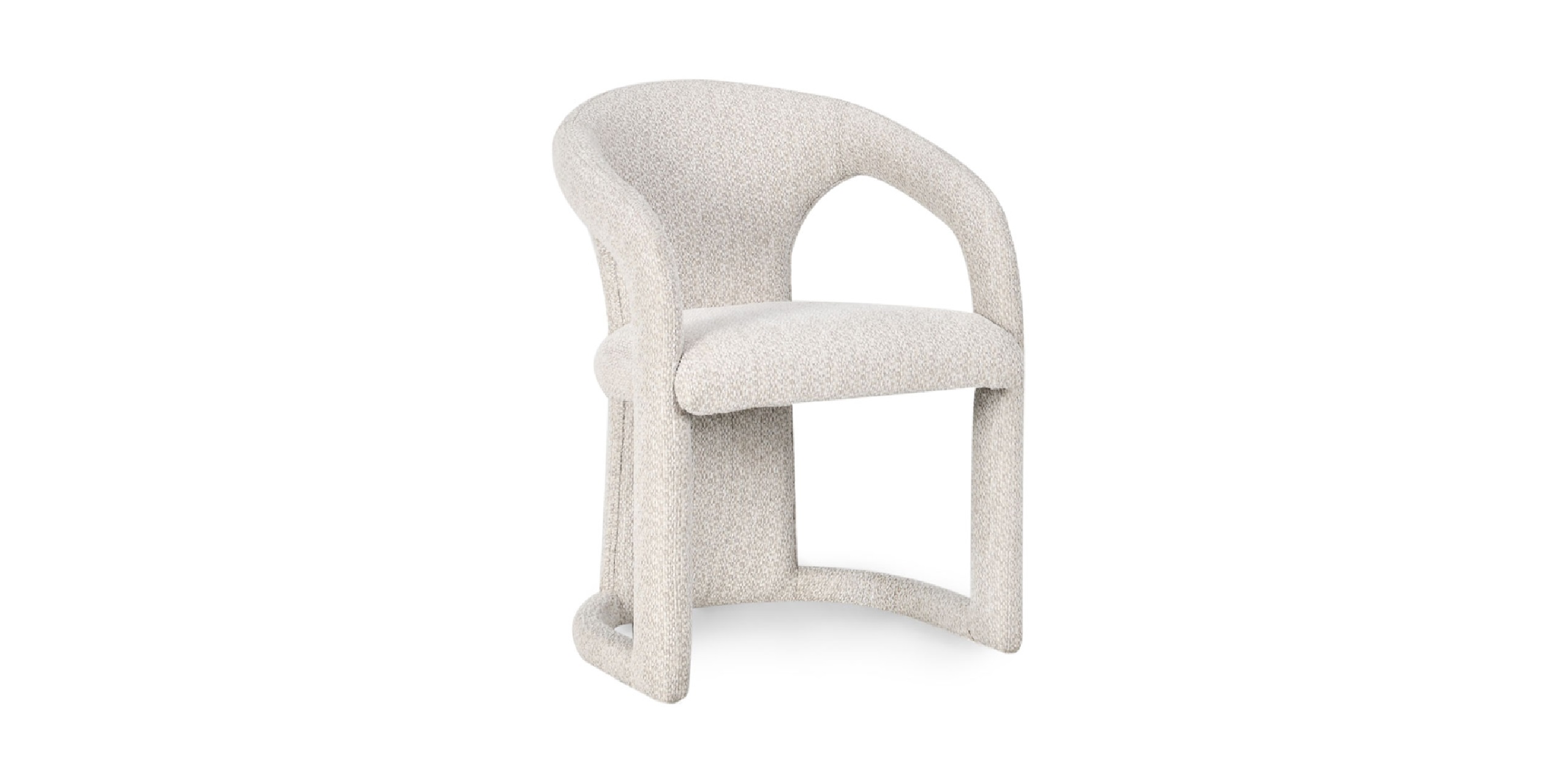 Stylish modern accent chair with curvy design, textured fabric, and unique single base.