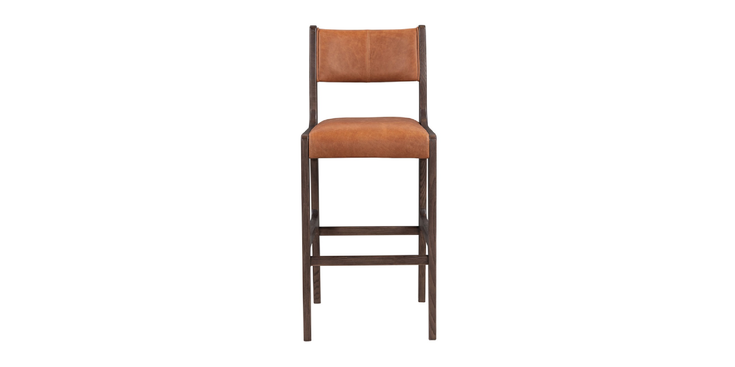 Chic leather bar stool with dark wood frame, combining comfort and style for any setting.