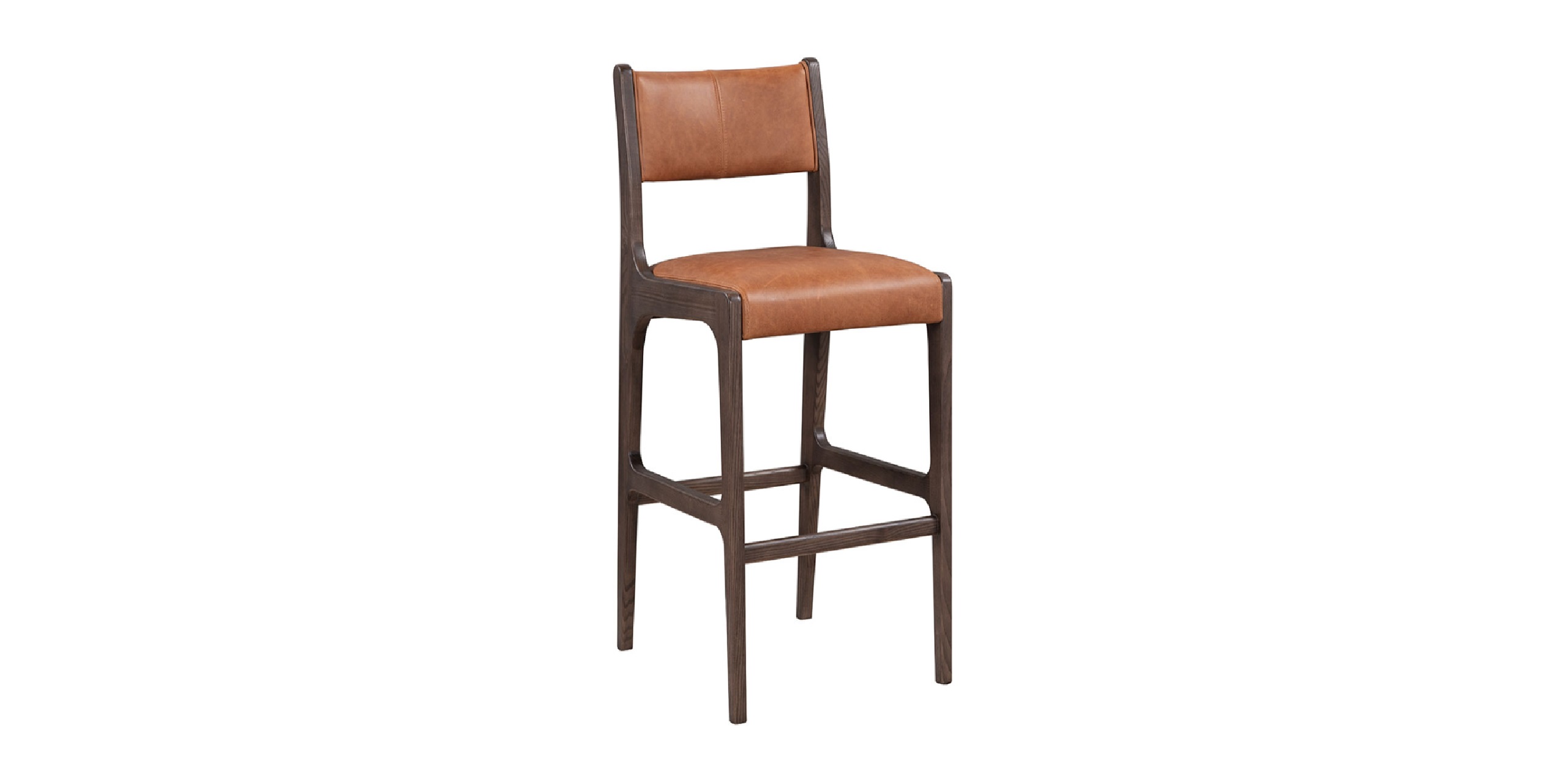 Sleek modern dark wood bar stool with comfortable tan leather seat for stylish home decor.