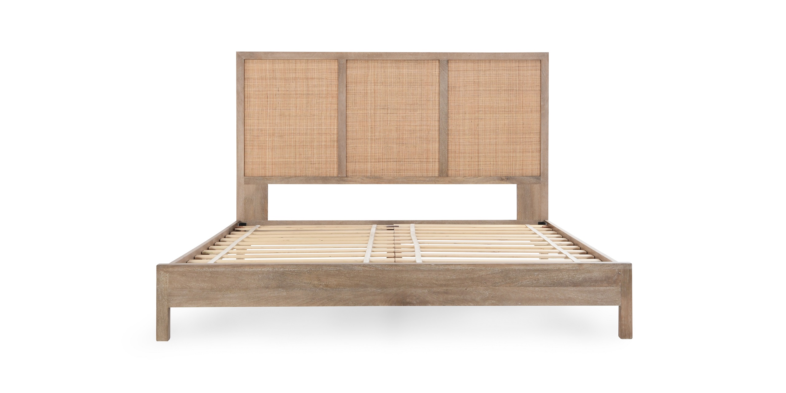 Stylish modern rustic bed frame with woven cane headboard, perfect for any bedroom decor.