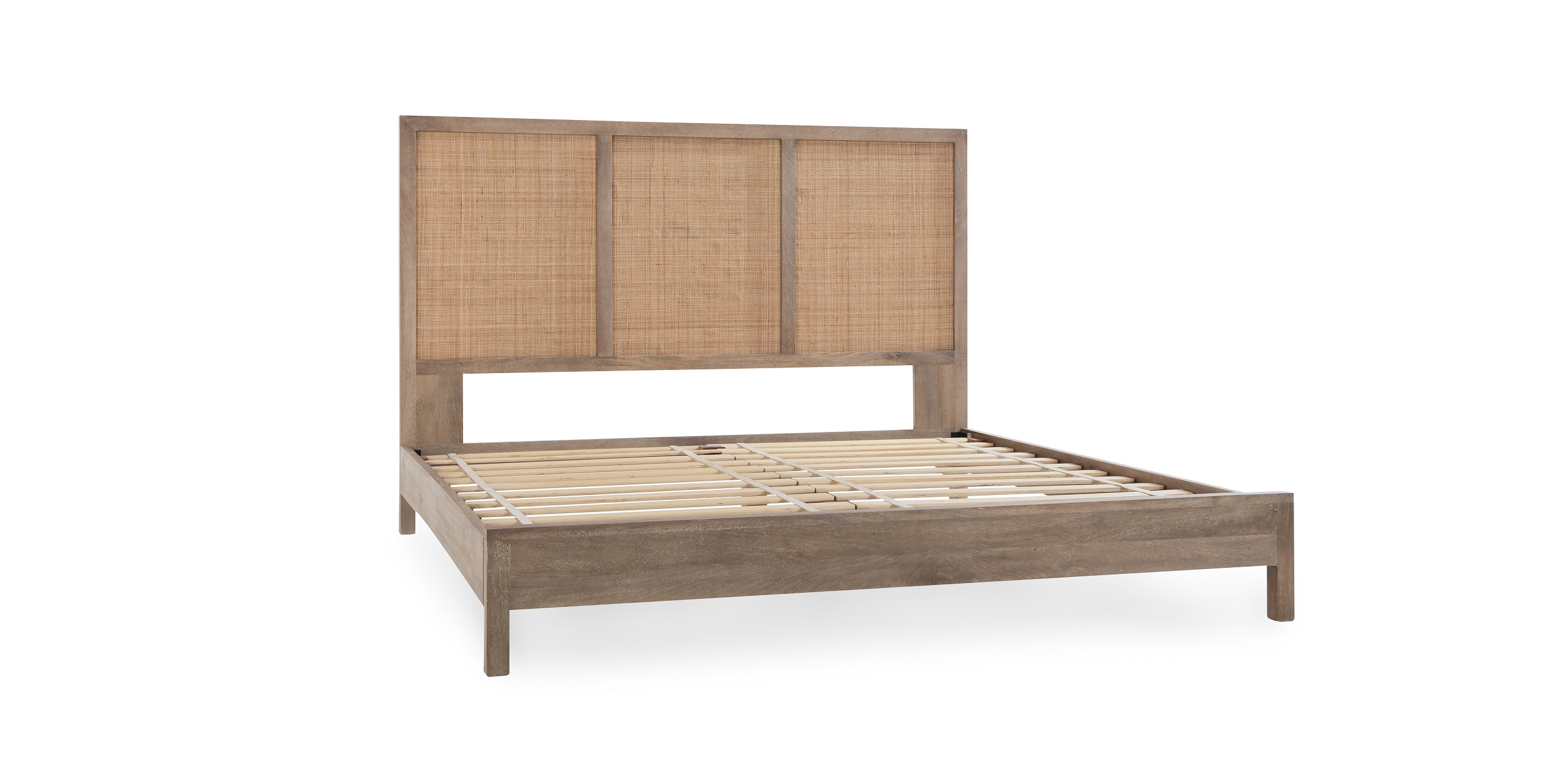 Light wood bed frame with woven cane headboard, blending modern style and rustic charm.