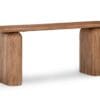 Stylish modern wooden console table with tapered edges and rounded pillar supports for versatile decor.