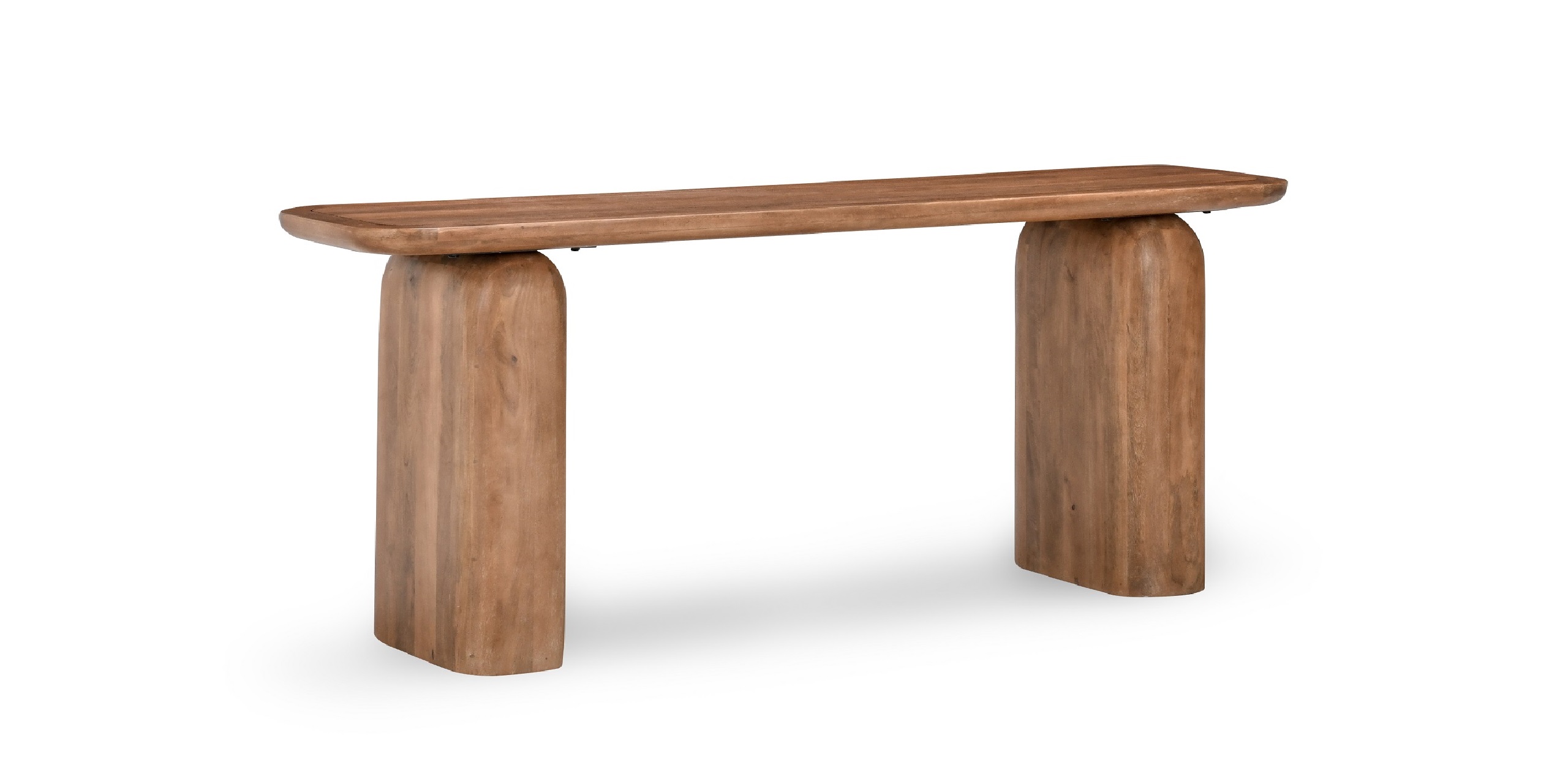 Stylish modern wooden console table with tapered edges and rounded pillar supports for versatile decor.