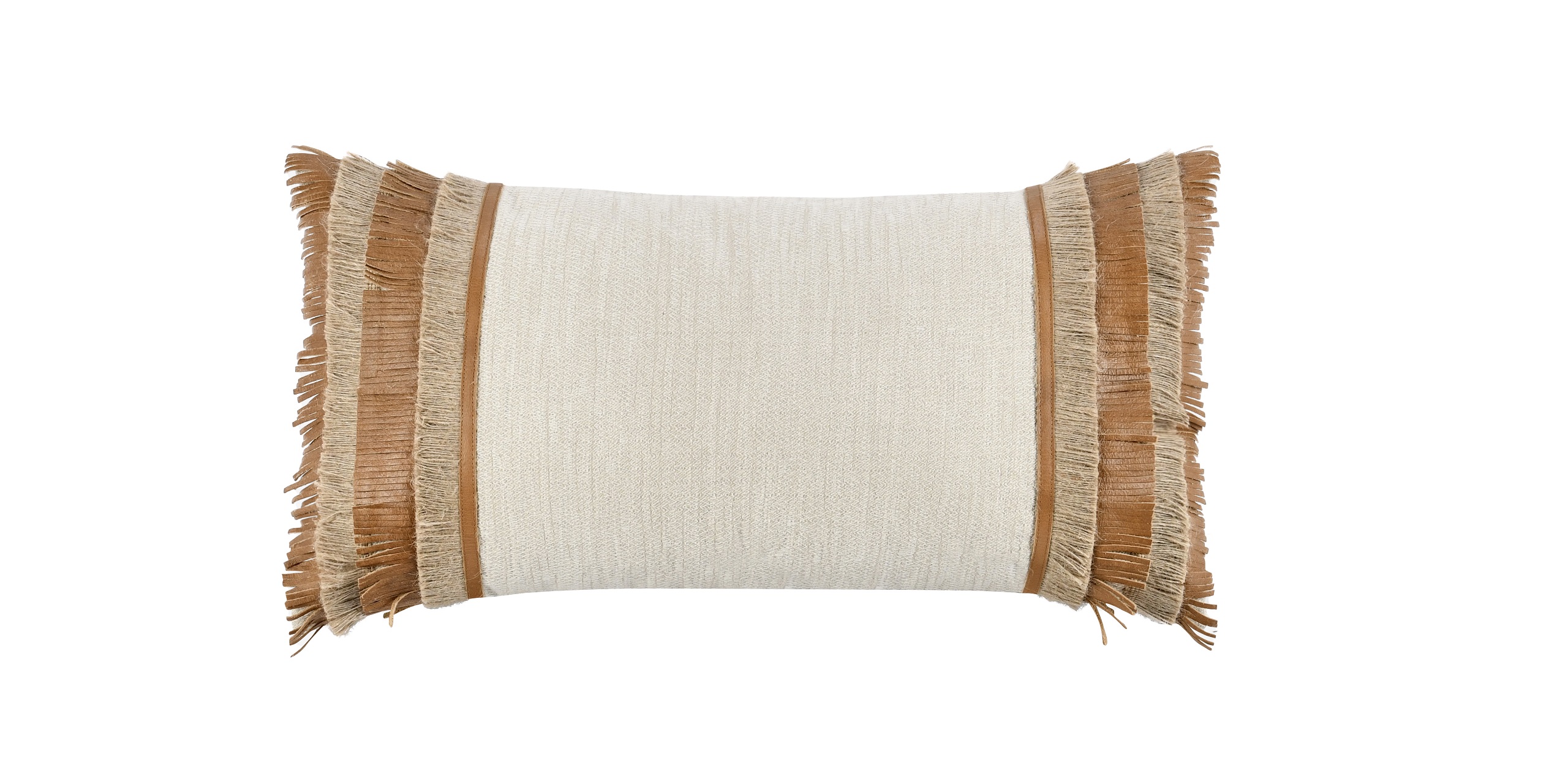 Elegant cream and brown cushion with fringed edges, adding comfort and style to any décor.