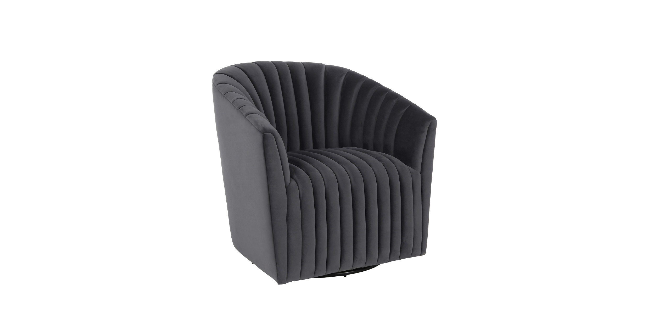 Contemporary dark gray swivel barrel armchair with plush tufted upholstery for stylish comfort.