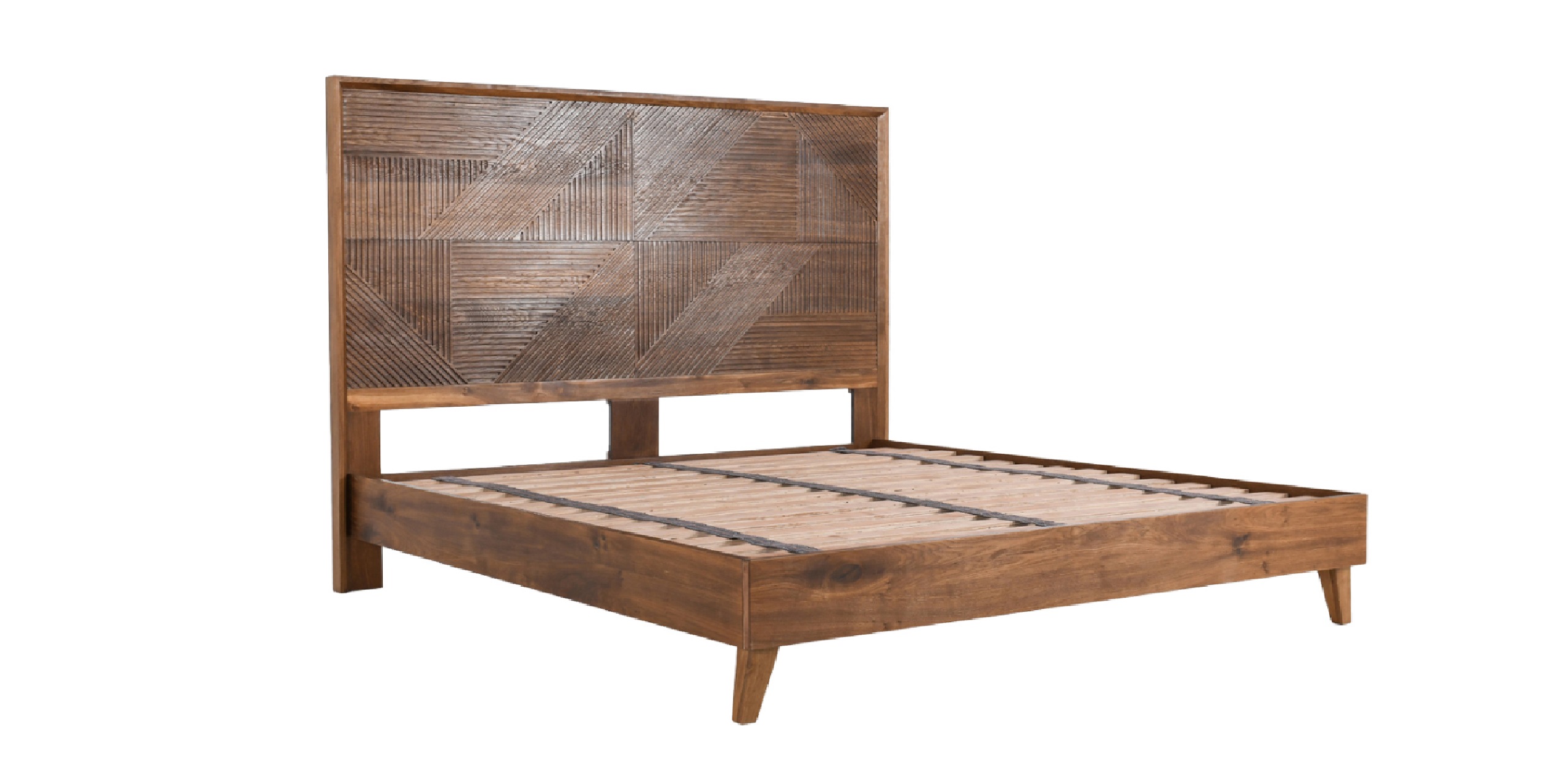 Elegant dark wood bed frame with geometric headboard, perfect for a modern bedroom.