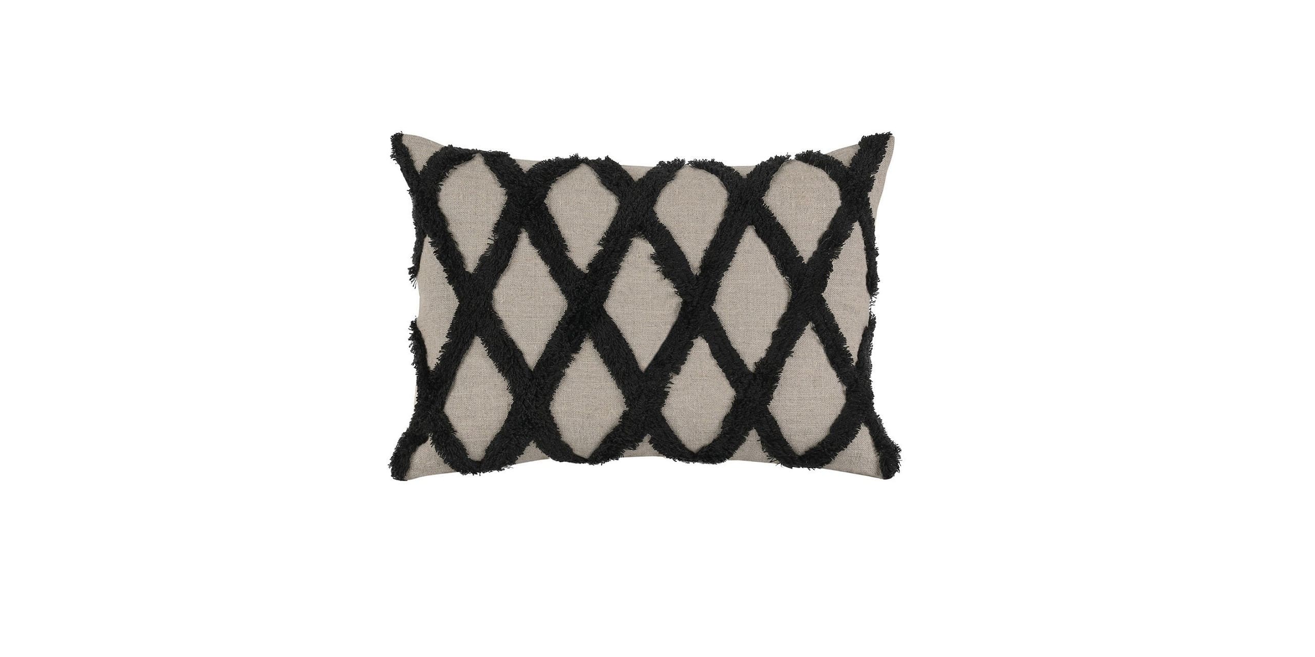 Geometric decorative pillow with black diamond pattern on beige fabric adds style to modern decor.
