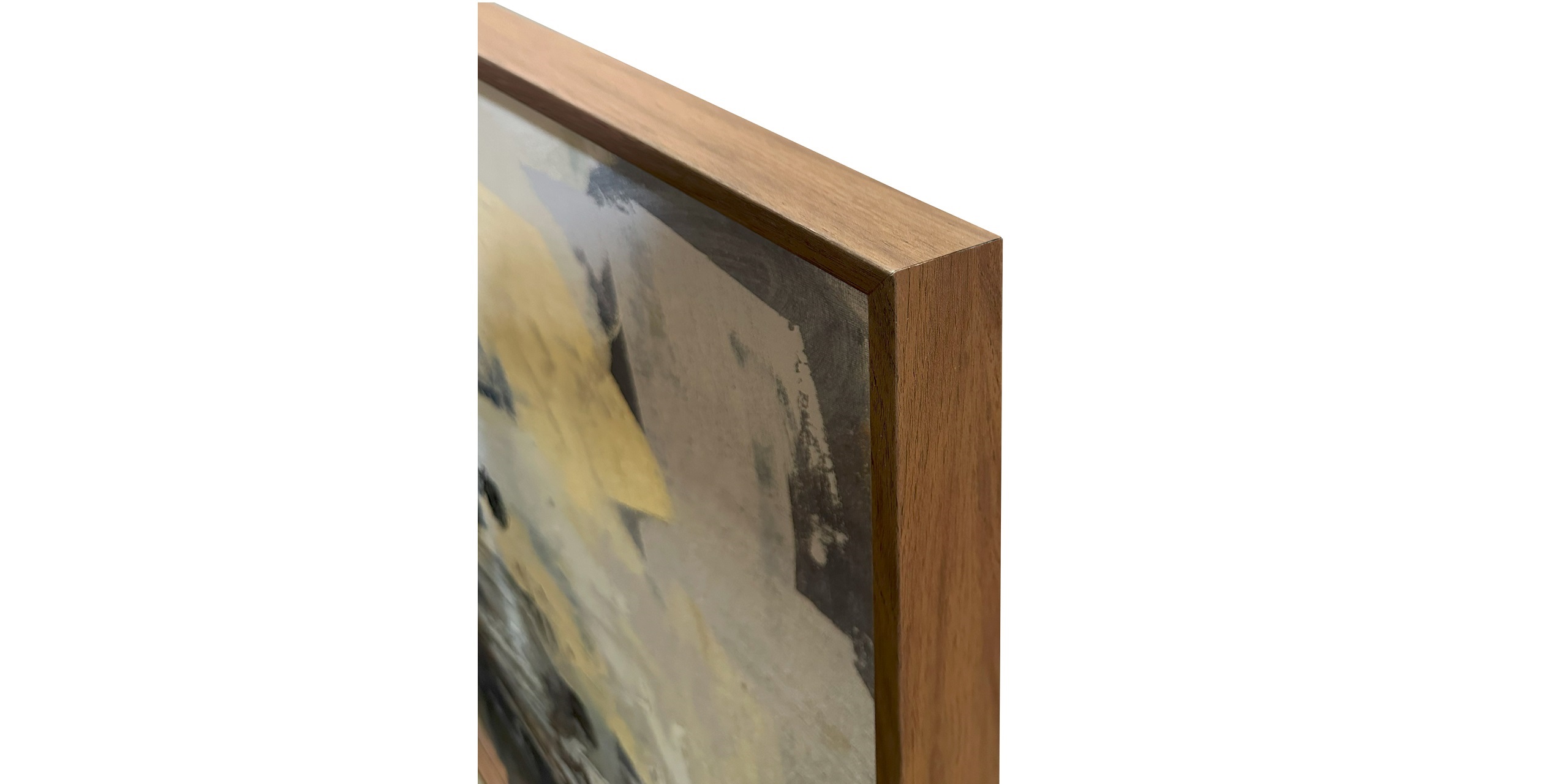 Elegant wooden frame highlighting textured abstract artworks colors and craftsmanship.