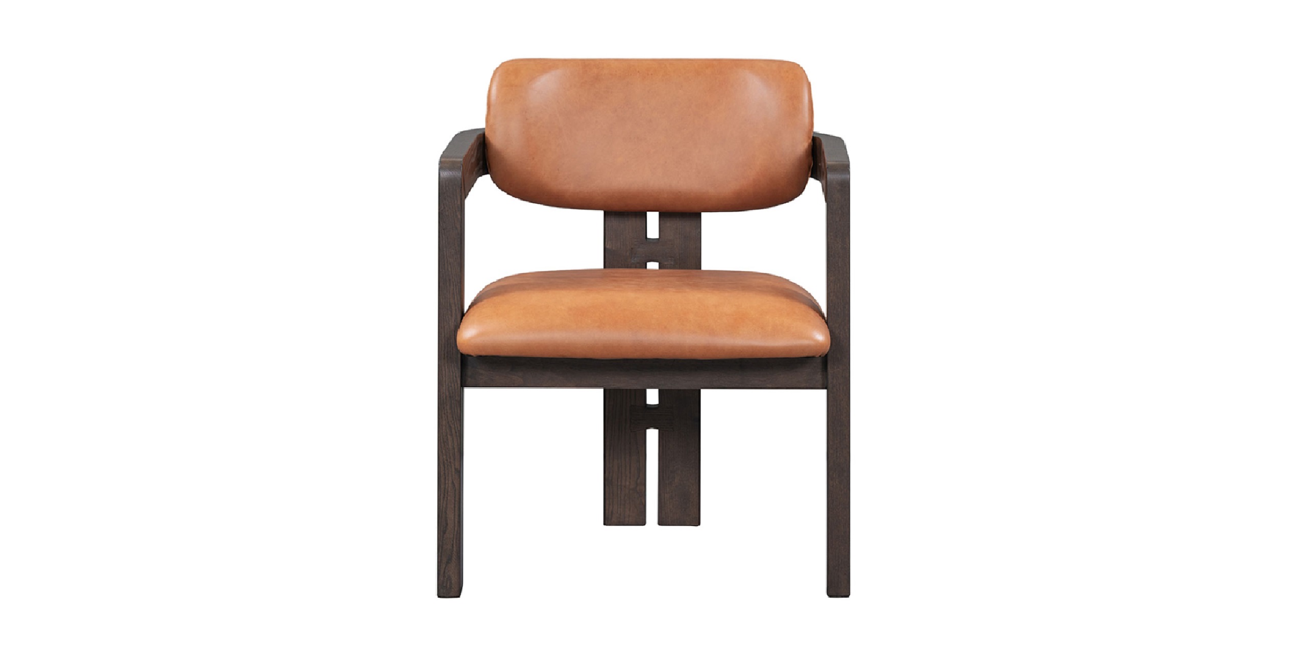 Stylish mid-century modern chair with dark wood frame and brown leather upholstery, perfect for any space.