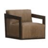Modern tan leather armchair with dark wood frame, perfect for stylish contemporary interiors.