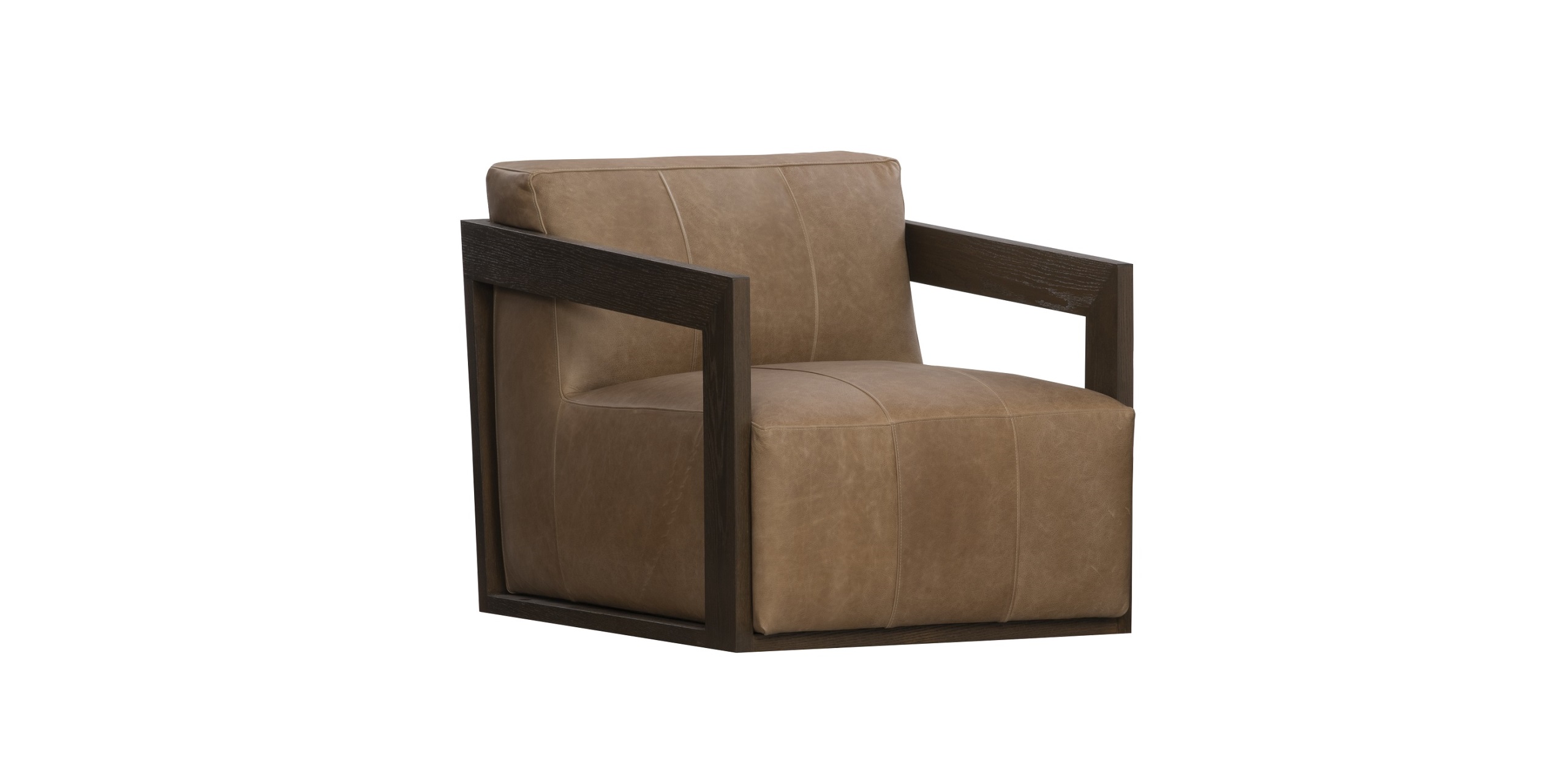 Modern tan leather armchair with dark wood frame, perfect for stylish contemporary interiors.