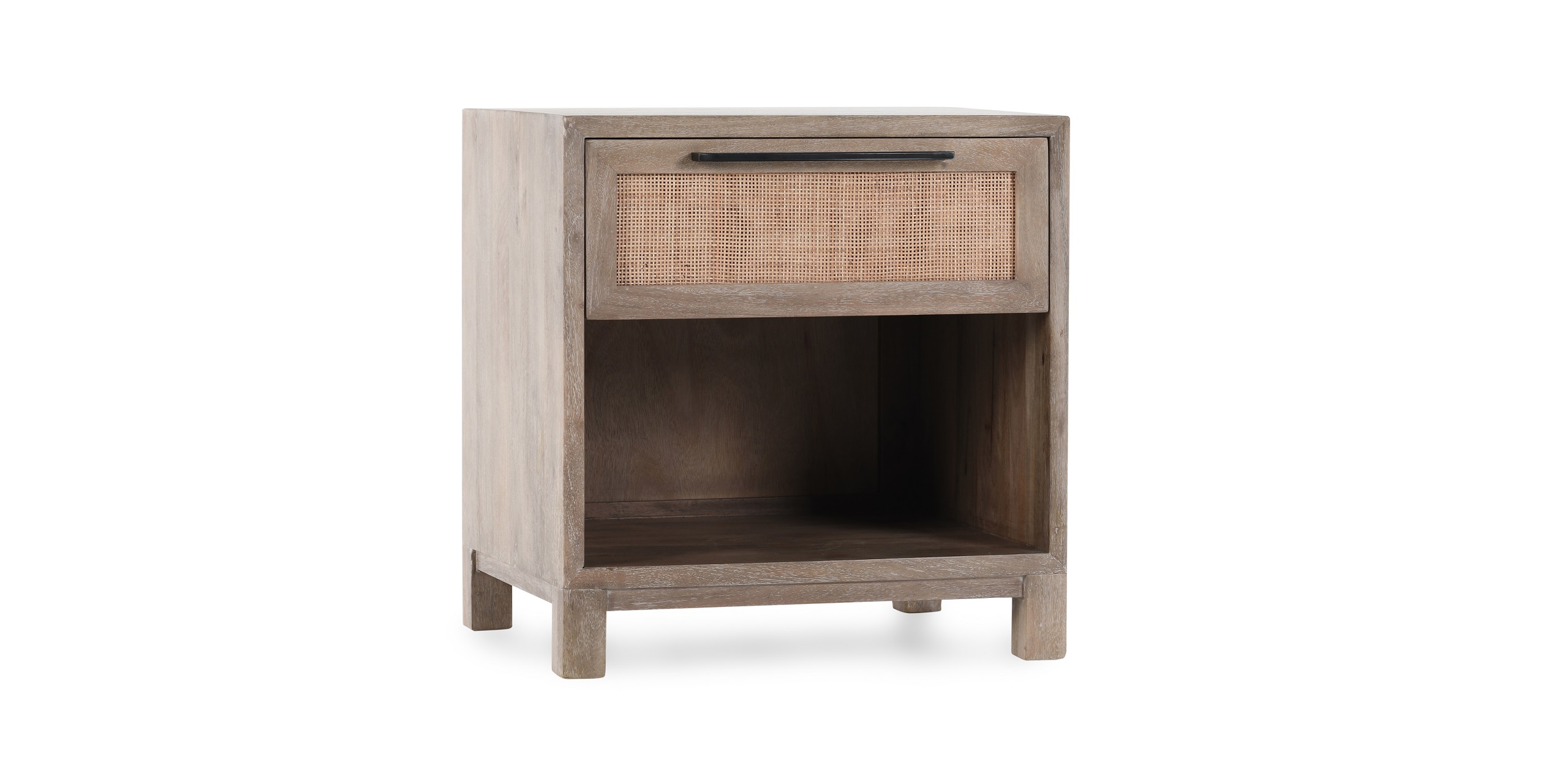 Contemporary light wood nightstand with rattan drawer and open cubby for versatile bedroom storage.