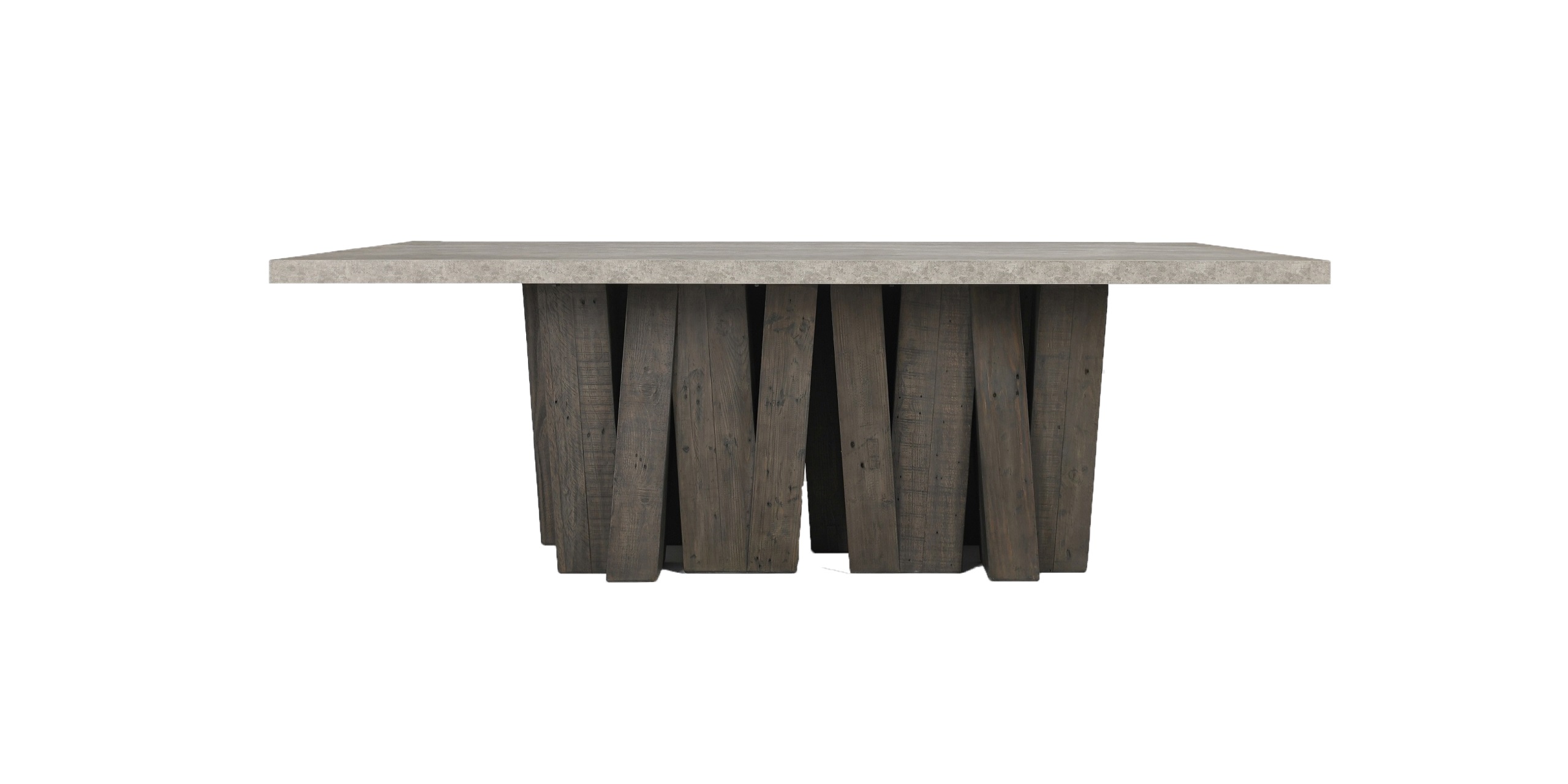 Stylish concrete-like top with textured wood base, perfect for modern rustic interiors.