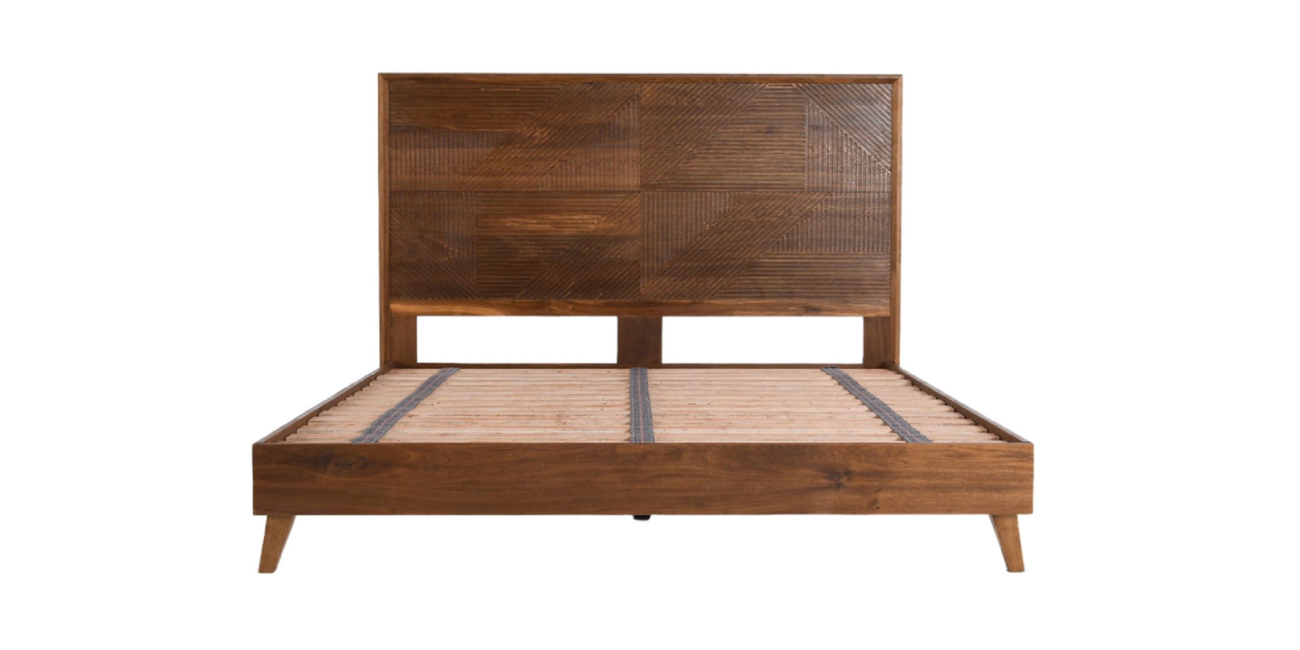 Modern wooden bed with textured headboard and minimalist design for stylish bedroom decor.