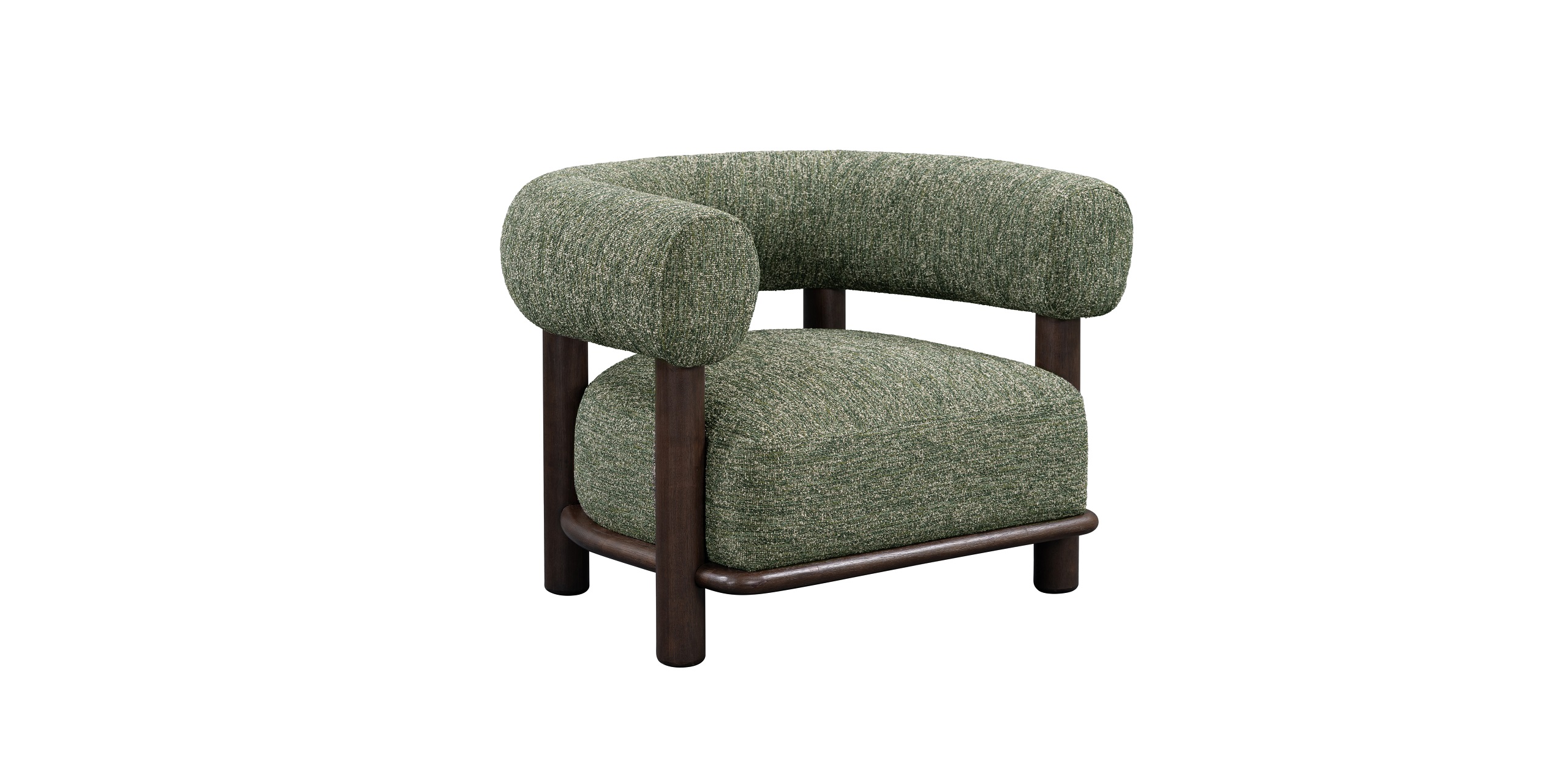 Stylish green accent chair with a curvy design and dark wood frame for modern interiors.