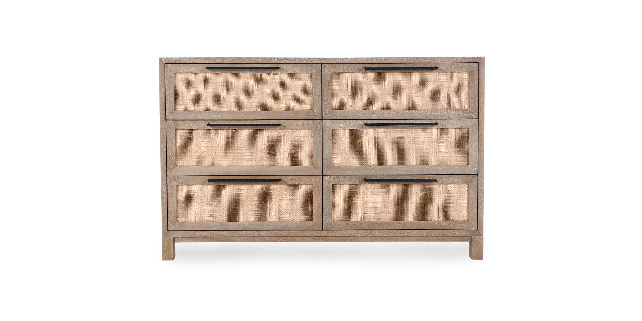 Contemporary dresser with woven cane drawers and sleek metal handles for stylish storage.