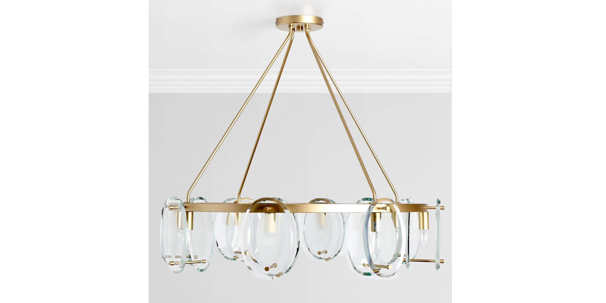 Sleek gold and glass chandelier elevates contemporary spaces with ambient lighting and elegant design.