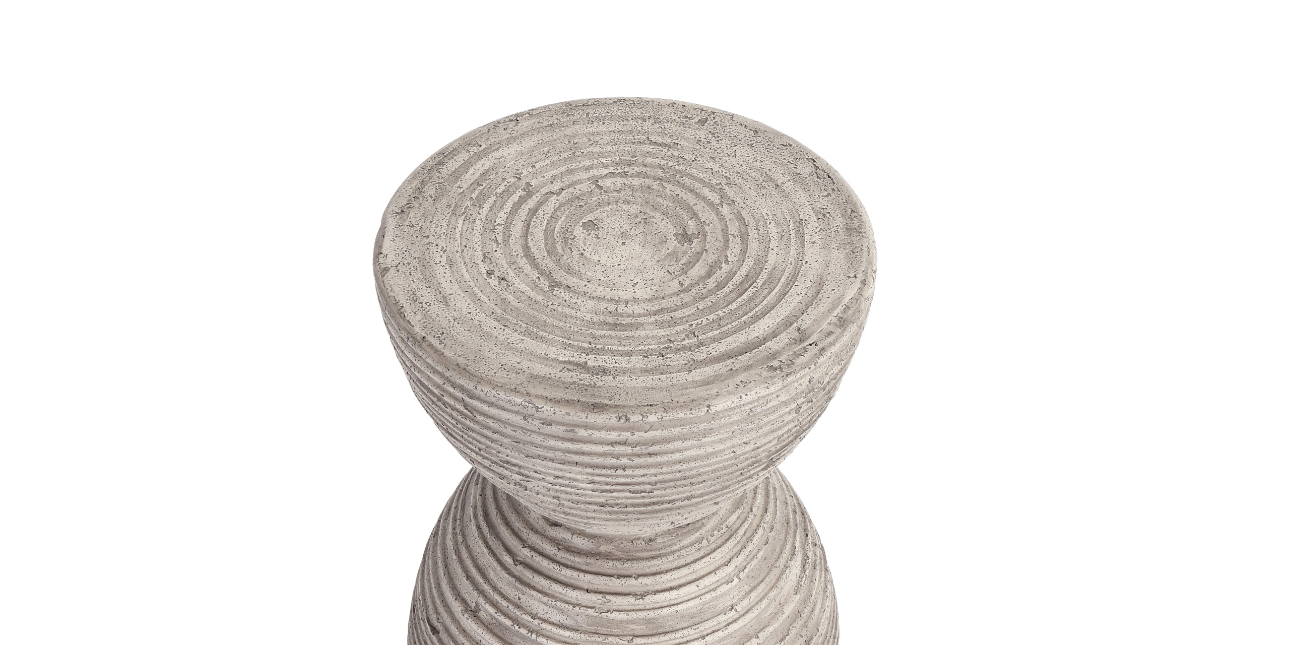 Stylish gray concrete stool or side table with unique grooved design for modern spaces.