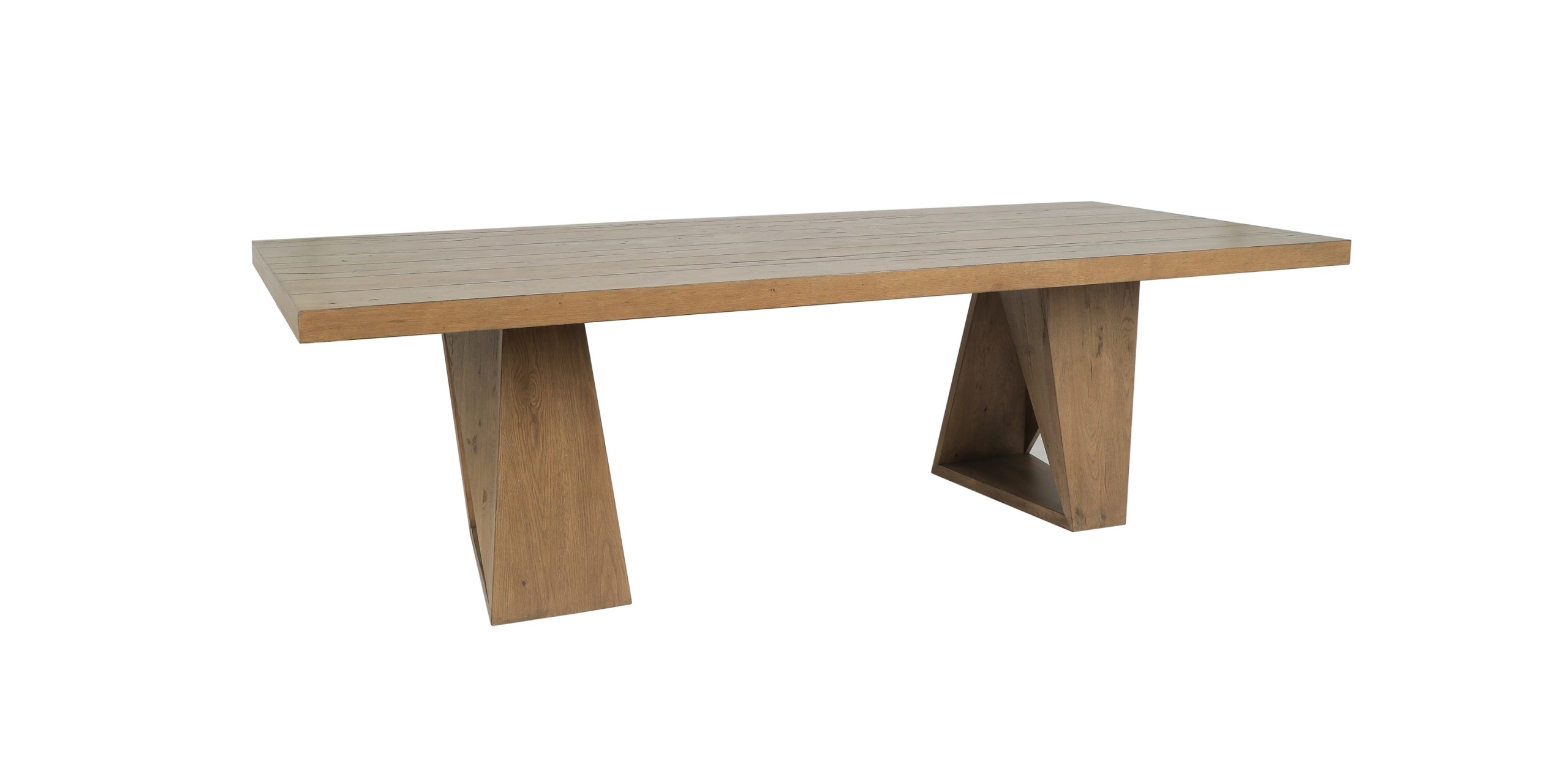 Stylish minimalist dining table with light wood finish and geometric tapered legs for modern spaces.