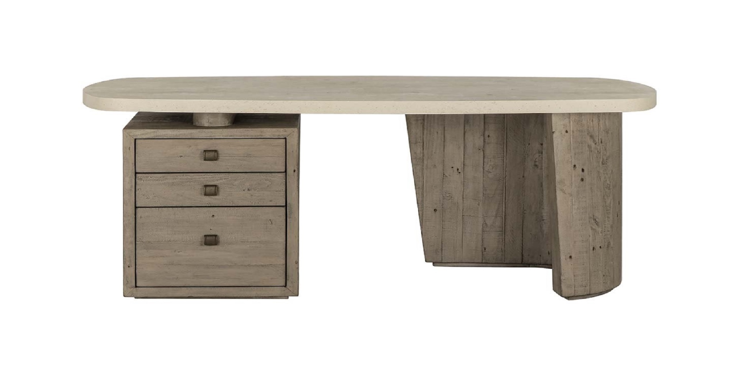 Stylish modern oval desk with practical drawers and unique architectural base for contemporary spaces.