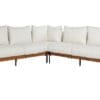 Stylish modern L-shaped sectional sofa with white upholstery, natural wood, and metal legs.
