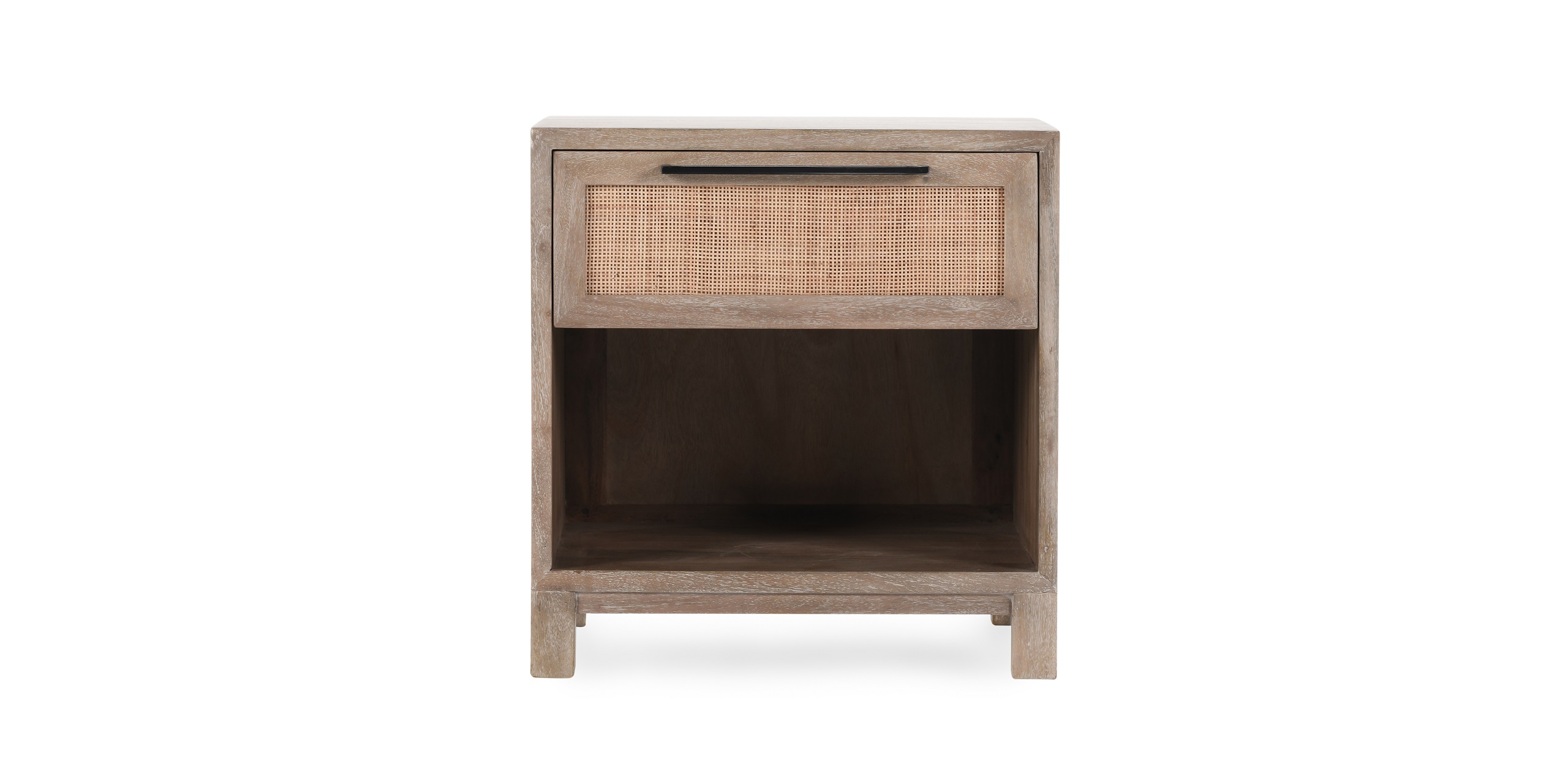 Stylish modern rustic nightstand with rattan drawer and open shelf for functional decor.