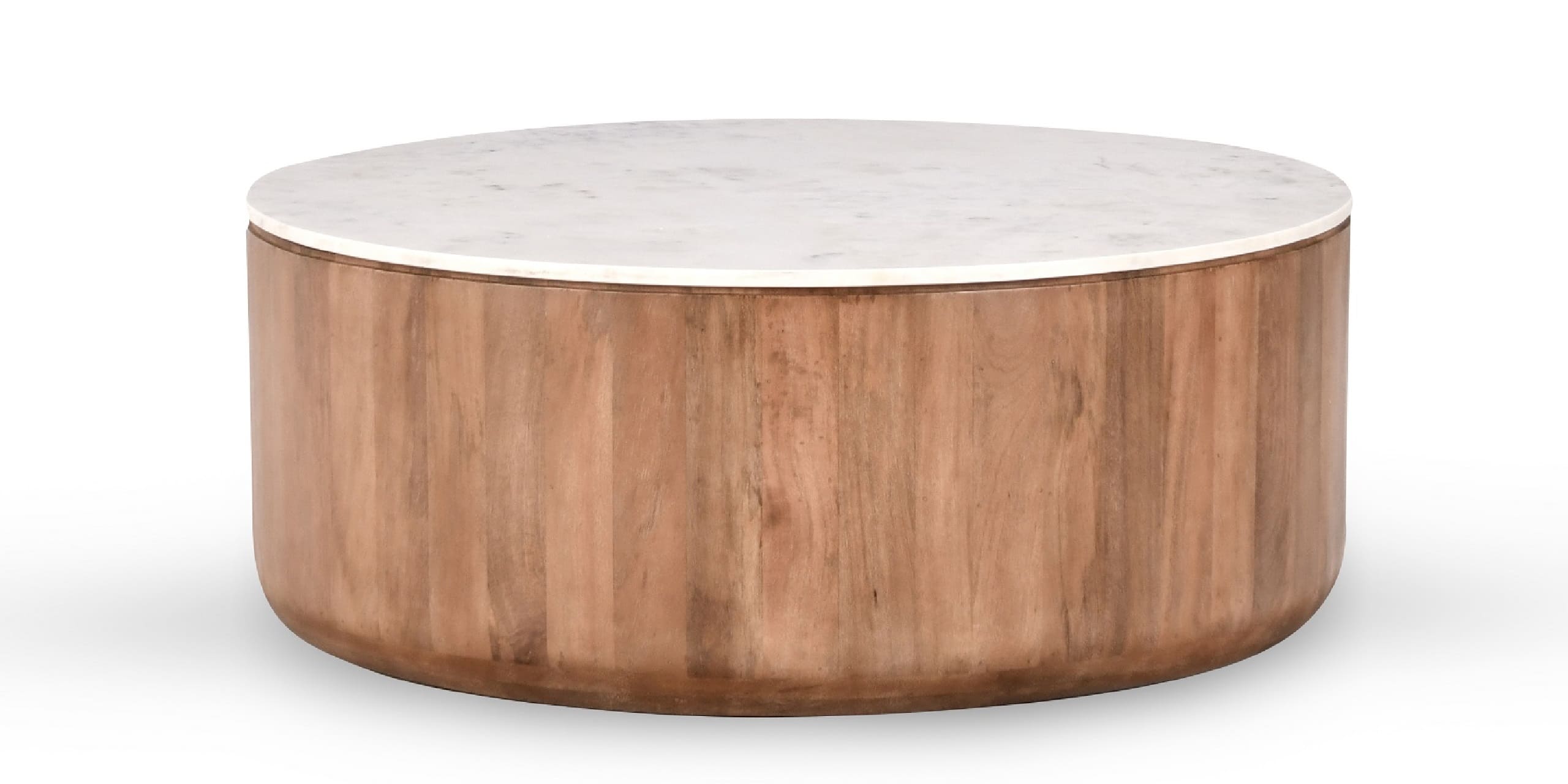 Stylish round coffee table with light marble top and warm wood base for modern living spaces.