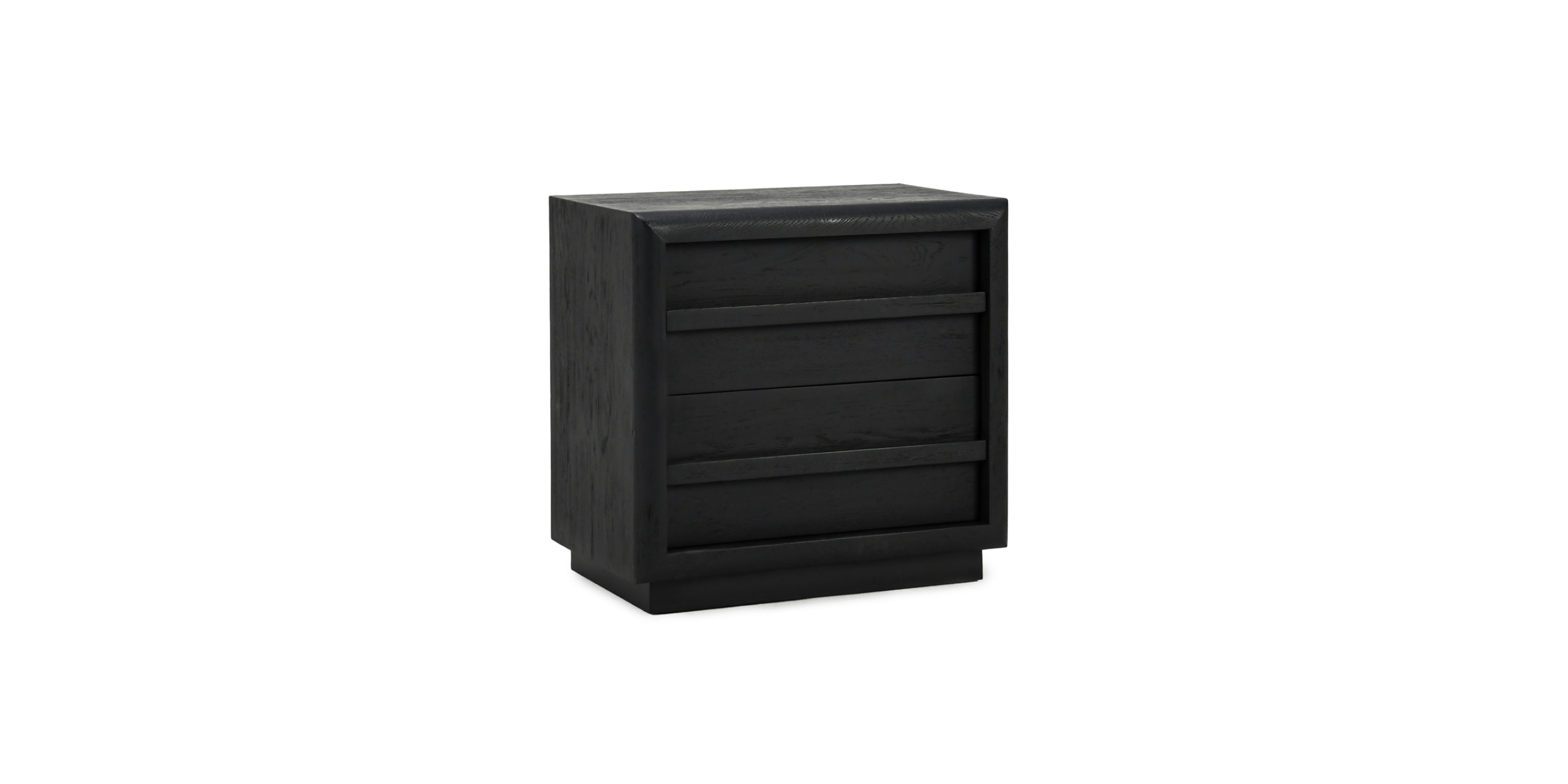 Modern black nightstand with flush drawers and minimalist design for stylish bedroom storage.